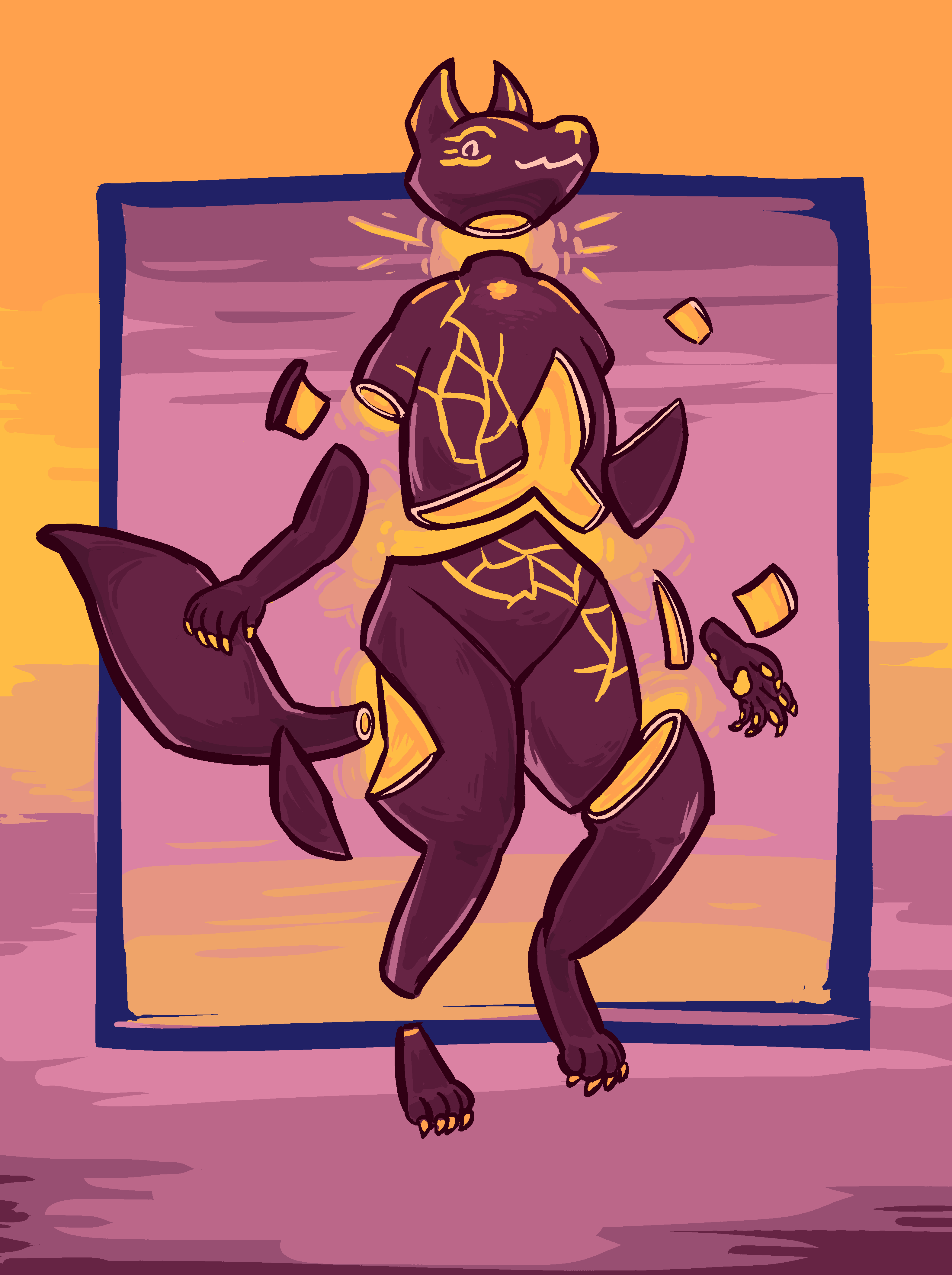 A drawing of a living Anubis-esque statue hovering ominously and giving the viewer a mischievous smile.  Chunks of ceramic are flying off their body, and their torso has broken in two; their insides are glowing orange with a pleasant glow emanating out from the open parts.  Their head is hovering a few inches from their body, and there's a halo where their neck would be.