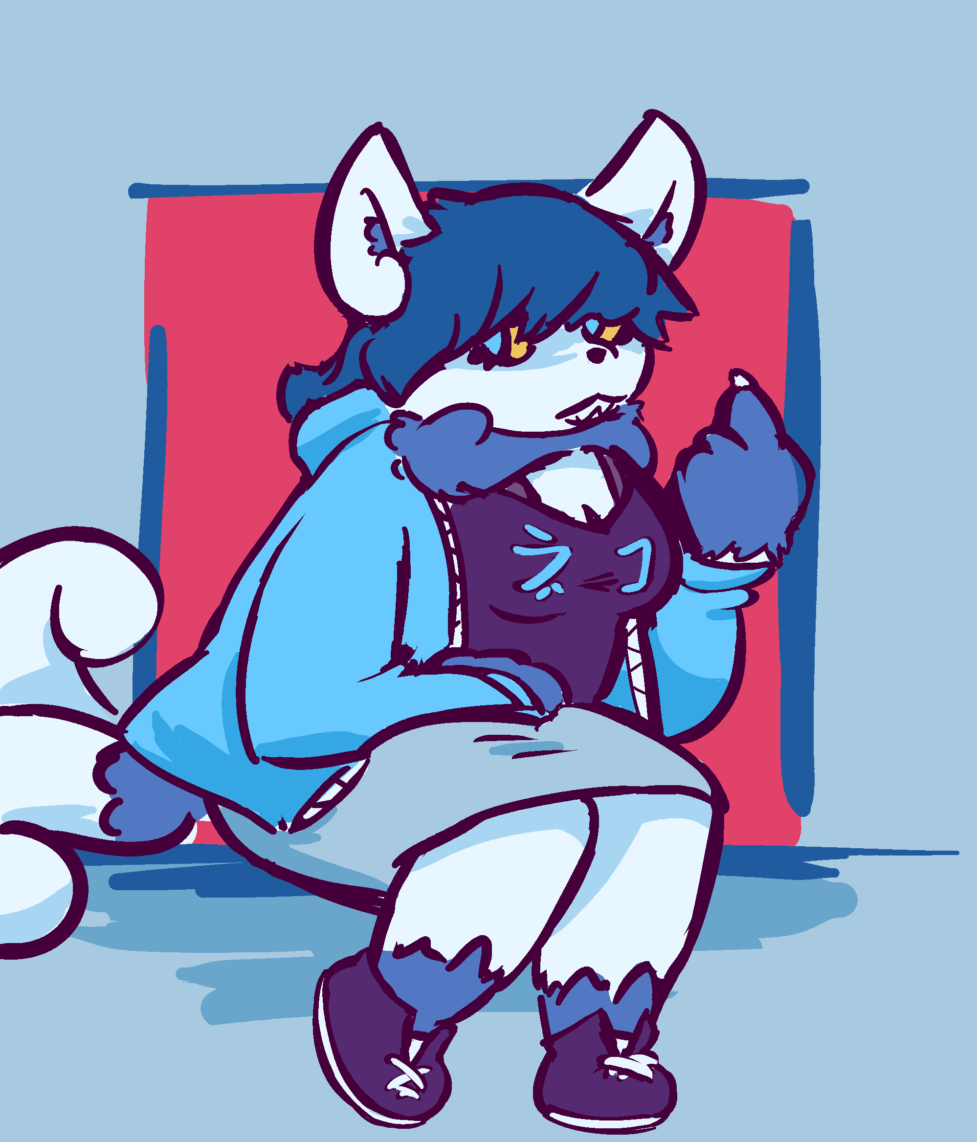 A stocky semianthro Meowstic girl in a hoodie, a mid-calf skirt, and a tank top that says "neko" in katakana.  She bares her teeth and flips you what's clearly supposed to be the middle finger gesture, although it's actually the second finger of four.