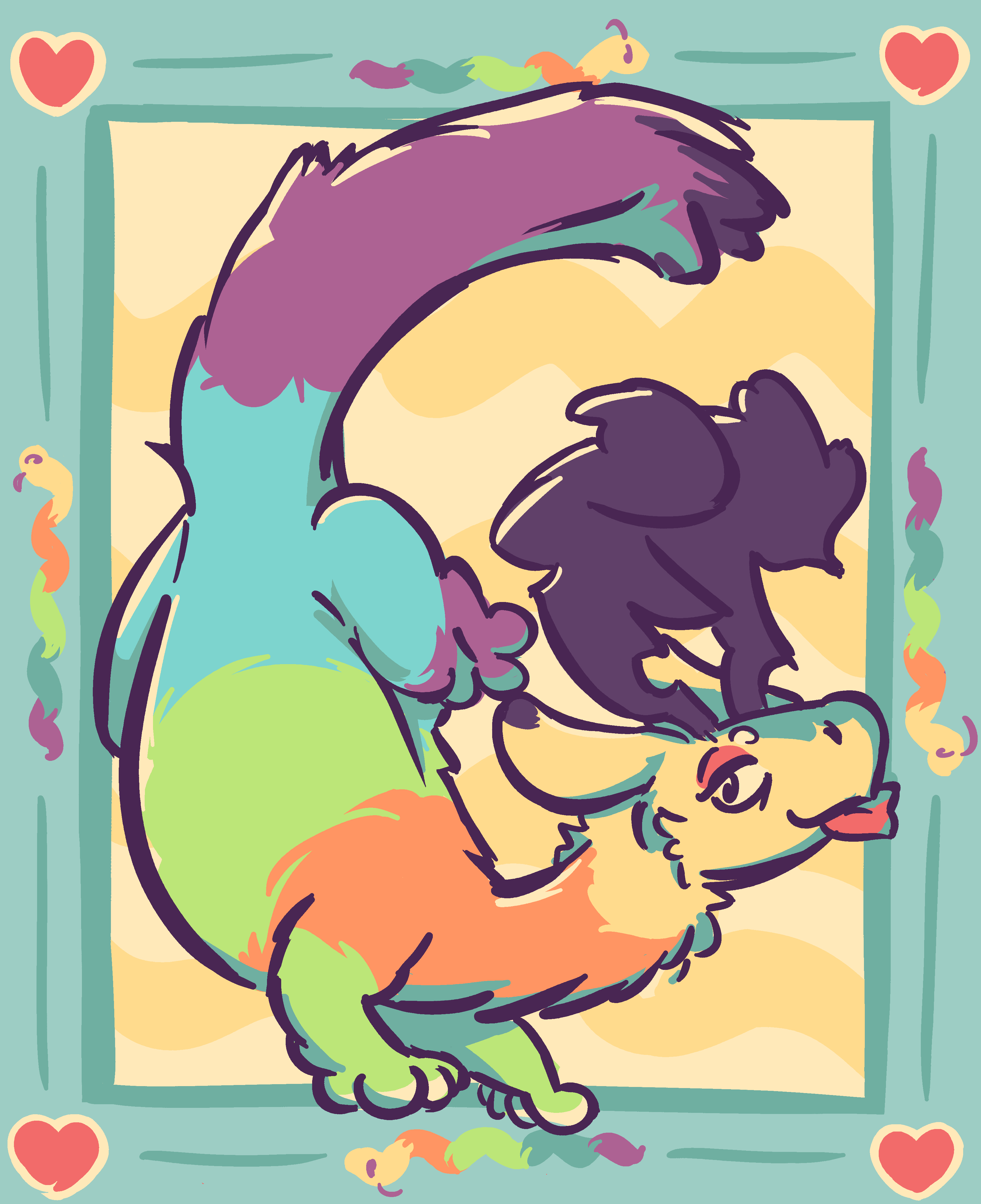 A fuzzy, tired rainbow dragon based on the Beanie Baby Inch the Worm.  She's swooping in a circle and sticking out her tongue.