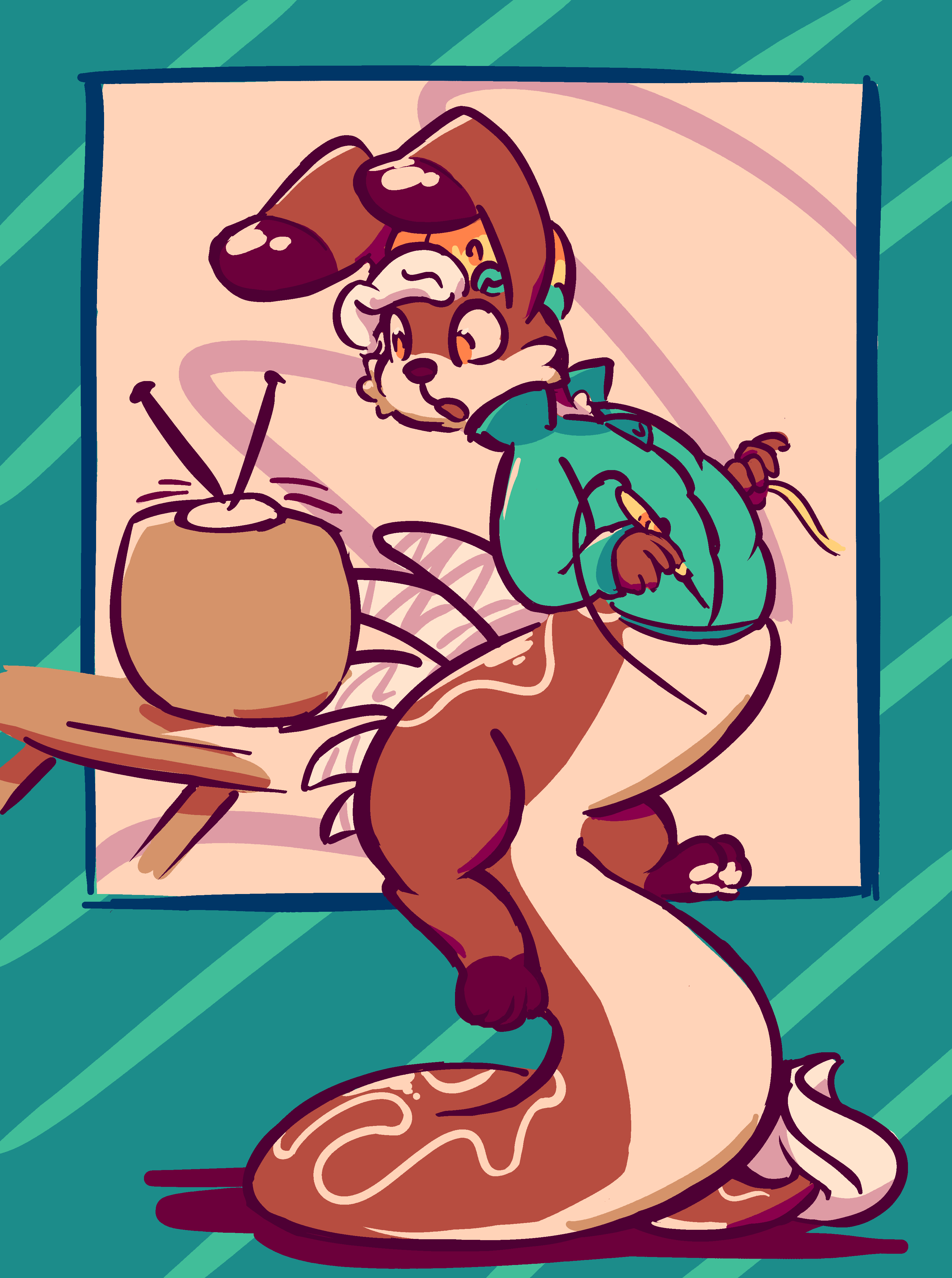 Alxxa, a looong Chocolate Zafara (kangaroo-rabbit-weaselly Neopet) with a puffy jacket and Pinchit hat.  She balances on her long tail, ostensibly working on something just out of view with a soldering iron and a wire... except she's looking the other way, totally absorbed in the Yooyuball game playing on a little TV on the other workbench.