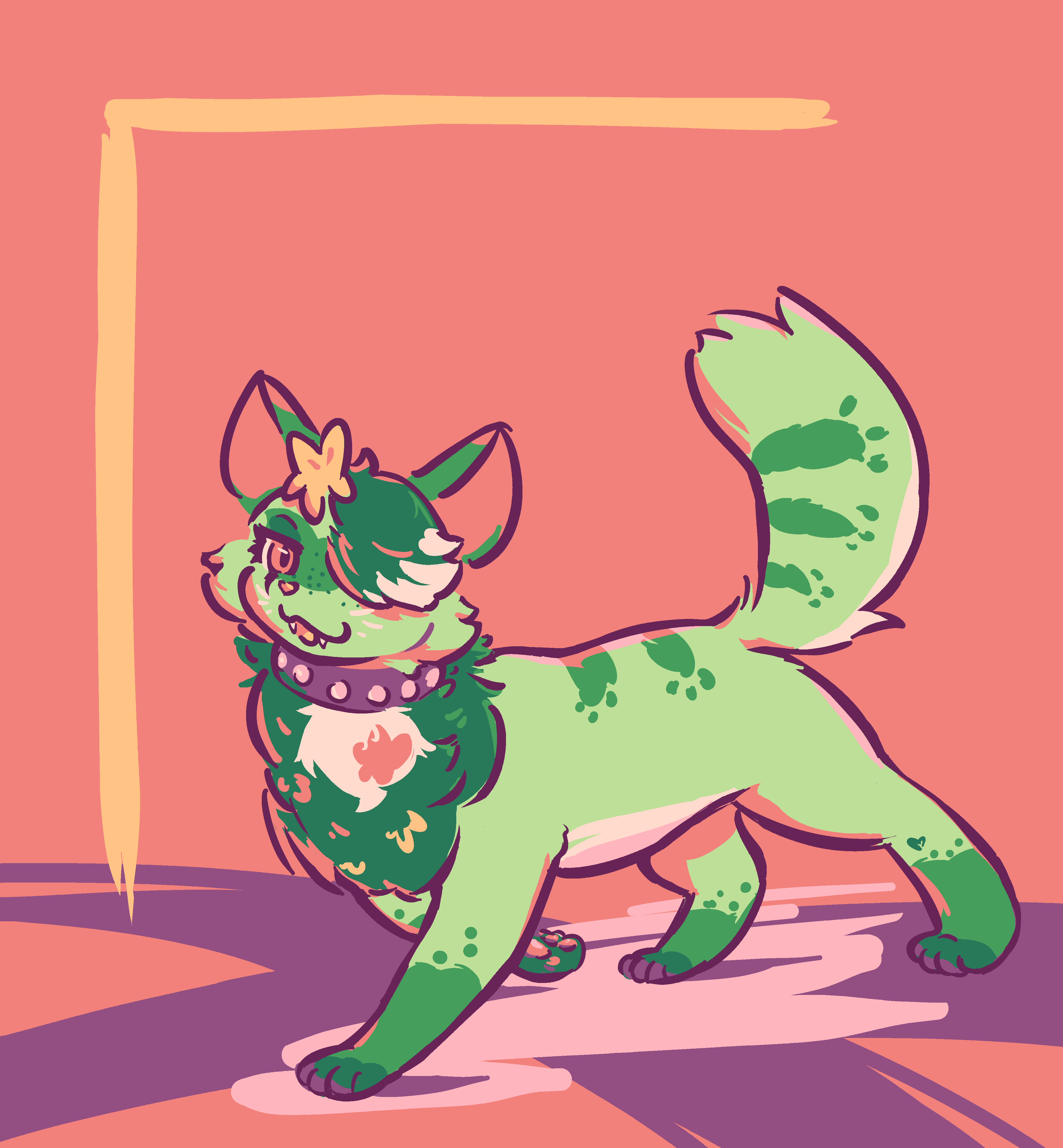 Thalia, a slightly sparklecat-esque Sprigatito (a grass cat Pokémon) with her bangs swept over one eye, a spiked collar, and flowers pinned in her luxurious neck ruff.  She struts past with a saucy little smirk, stretching one legy out.