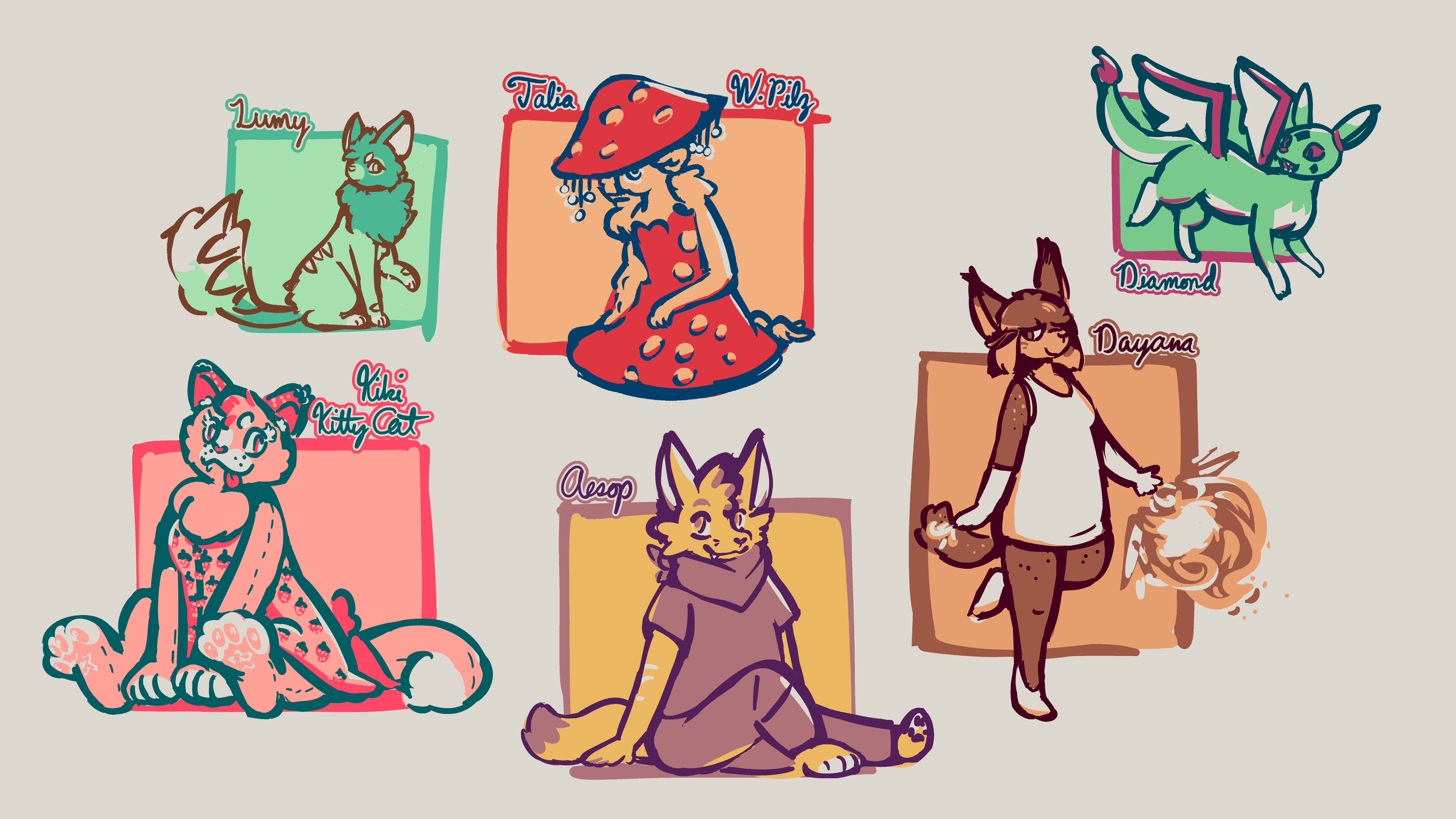 Another page of sketches:
- Aesop, a mischievous anthro fennec with a bandanna around his neck;
- Kiki Kitty Cat, a big stuffed animal anthro cat in with a strawberry-pattern motif on her dress and ears;
- Talia W. Pilz, a spooky humanoid mushroom creature;
- Dayana, a classy anthro cat (possibly a lynx?  she's got the ear and cheek tufts) in a short, slim dress, using some flashy fireball magic as part of her dance routine;
- Diamond, a little green canine-lookin' imp with dragon wings and, true to her name, various diamond markings;
- Lumy, a beachy-looking tan-and-turquoise critter that could equally be feline or canine.