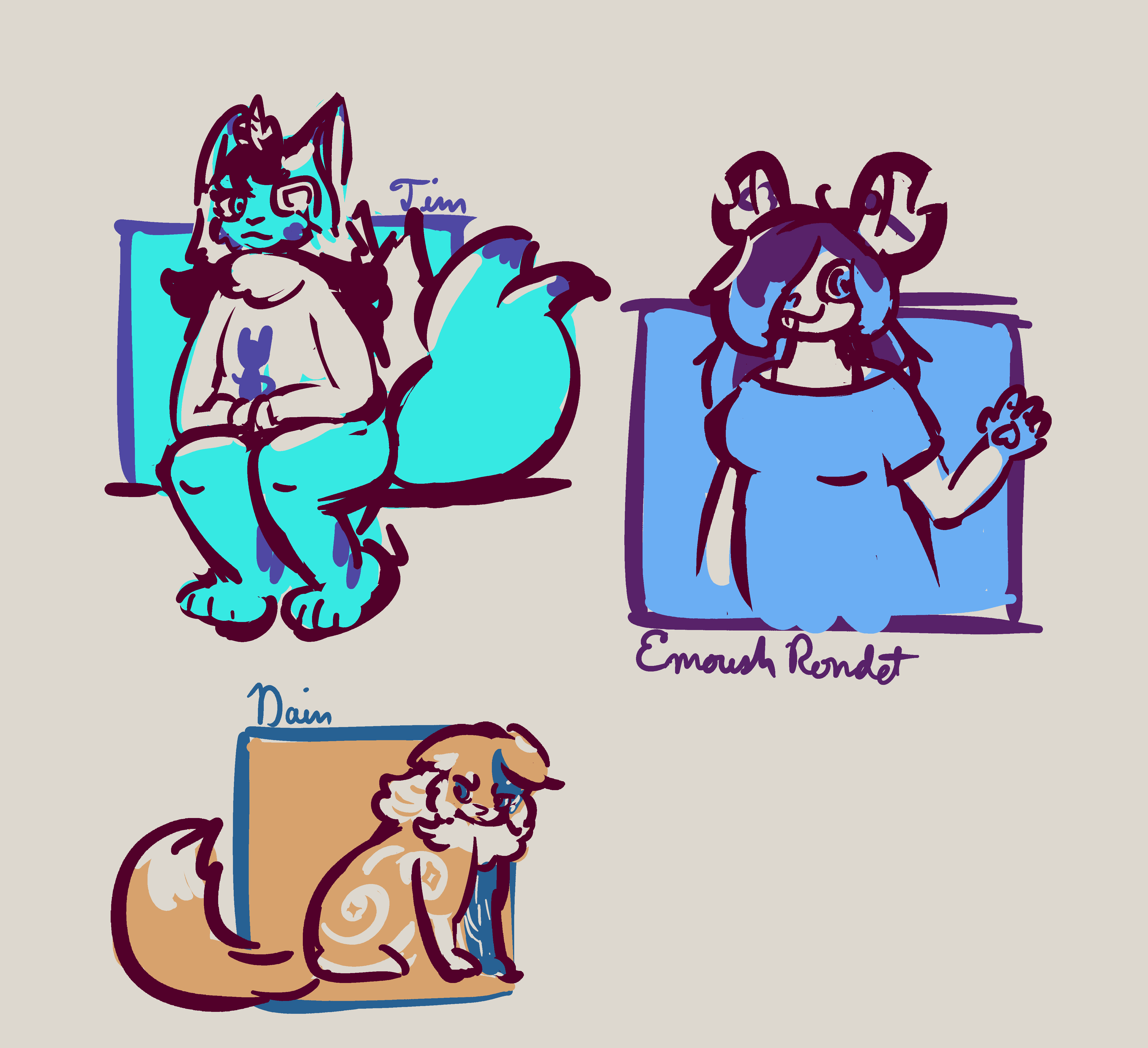 Another sketch page, even sketchier than the other two mass revenges:
- Tim, some sort of semianthro electric blue critter with a unicorn horn, an eyepatch, and a big sweater;
- Emoush Rondet, a peppy-looking anthro mouse with long hair covering one eye and various piercings in her ears, not to mention notches taken out of 'em;
- Dain, a stately (if grumpy-looking) kitty with swirly markings.