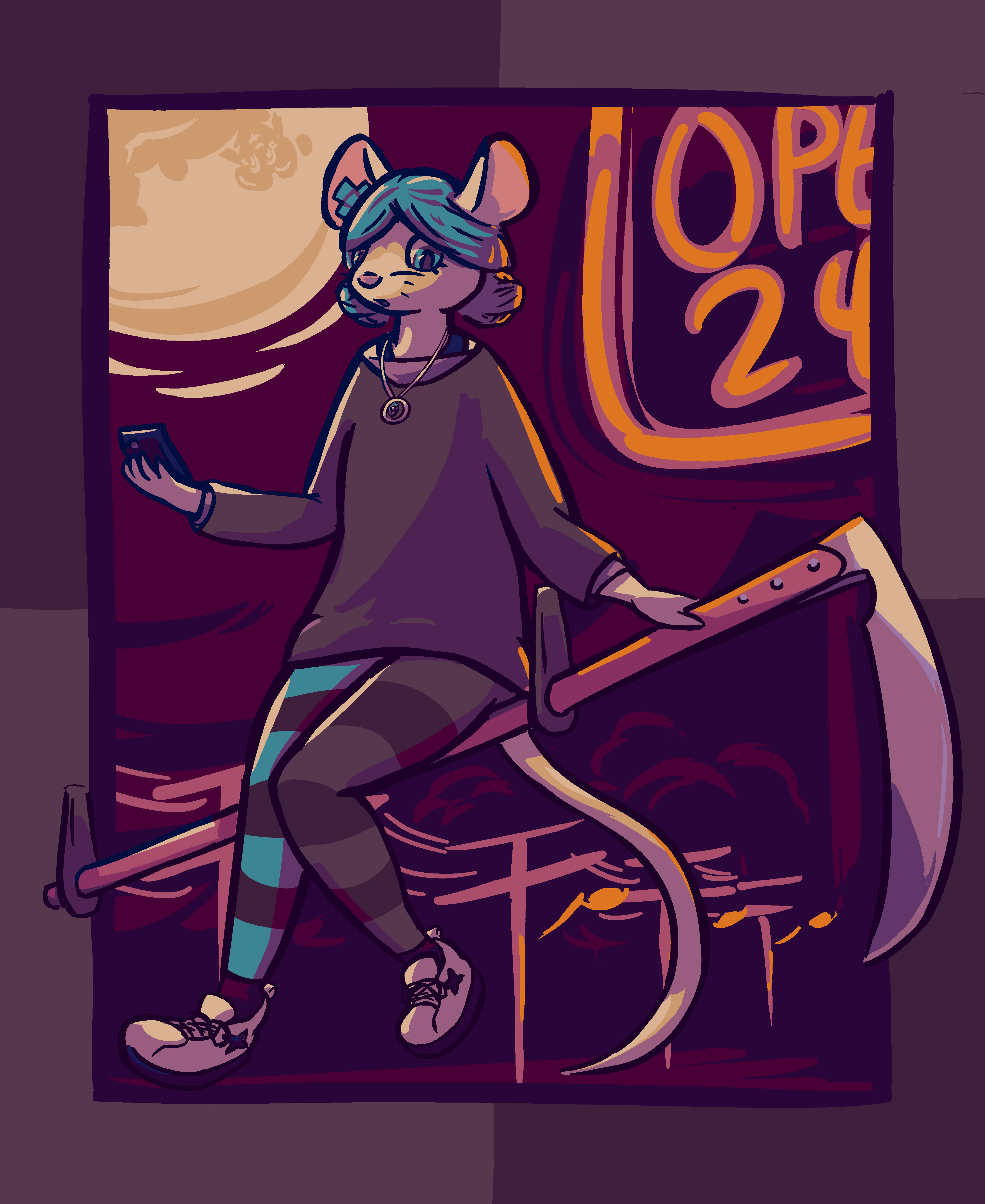 A mouse girl with blue hair tied back in macaron buns, mismatched stripy thigh-highs, and a big scythe.  It's the middle of the night and she's sitting on the handle of her scythe, casually floating in midair in front of a dimly-glowing "Open 24h" sign.  She looks away from her phone and peers down at you, a little surprised anyone else is here.