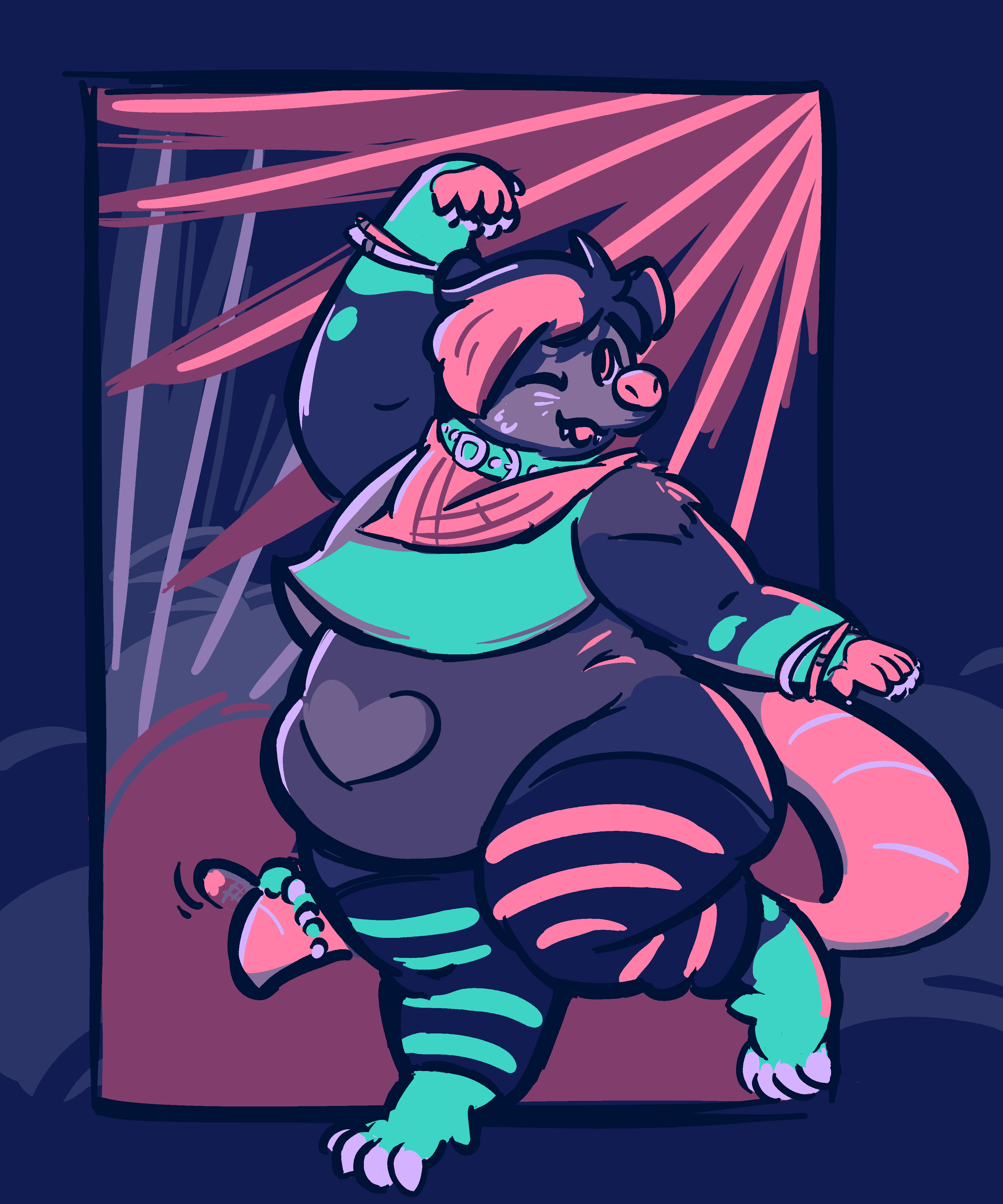 Gwen, a fat opossum raver girl with a heart shape on her belly.  Her grey fur doesn't stand out under the blacklight, but her neon clothes and hair sure do, as well as her pink nose and tail.