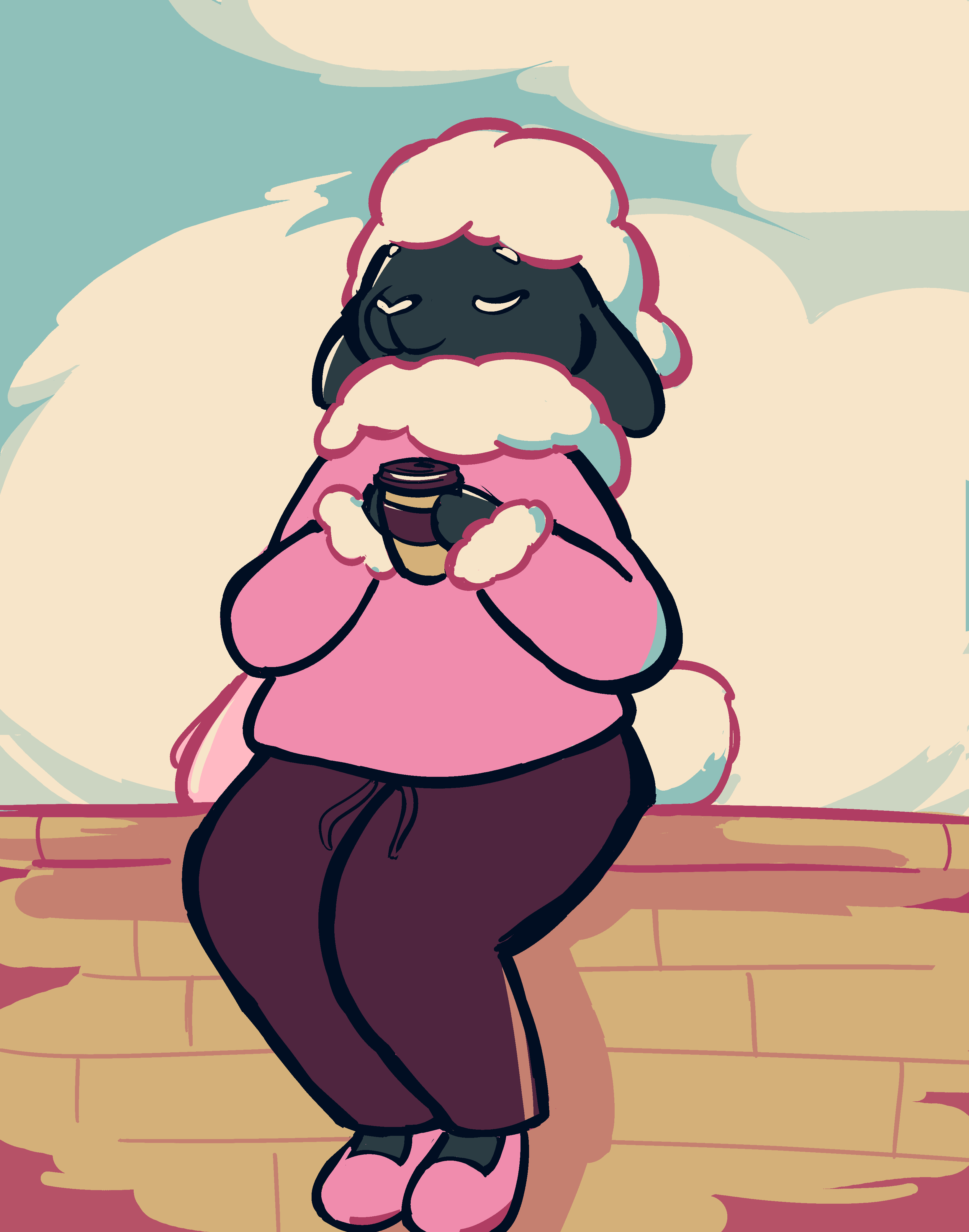 An anthro black sheep whose white wool is puffs out from the sleeves and neck of her sweater.  She's also wearing sweatpants and slippers, and she sits on a brick ledge with a hot drink in a paper to-go cup.