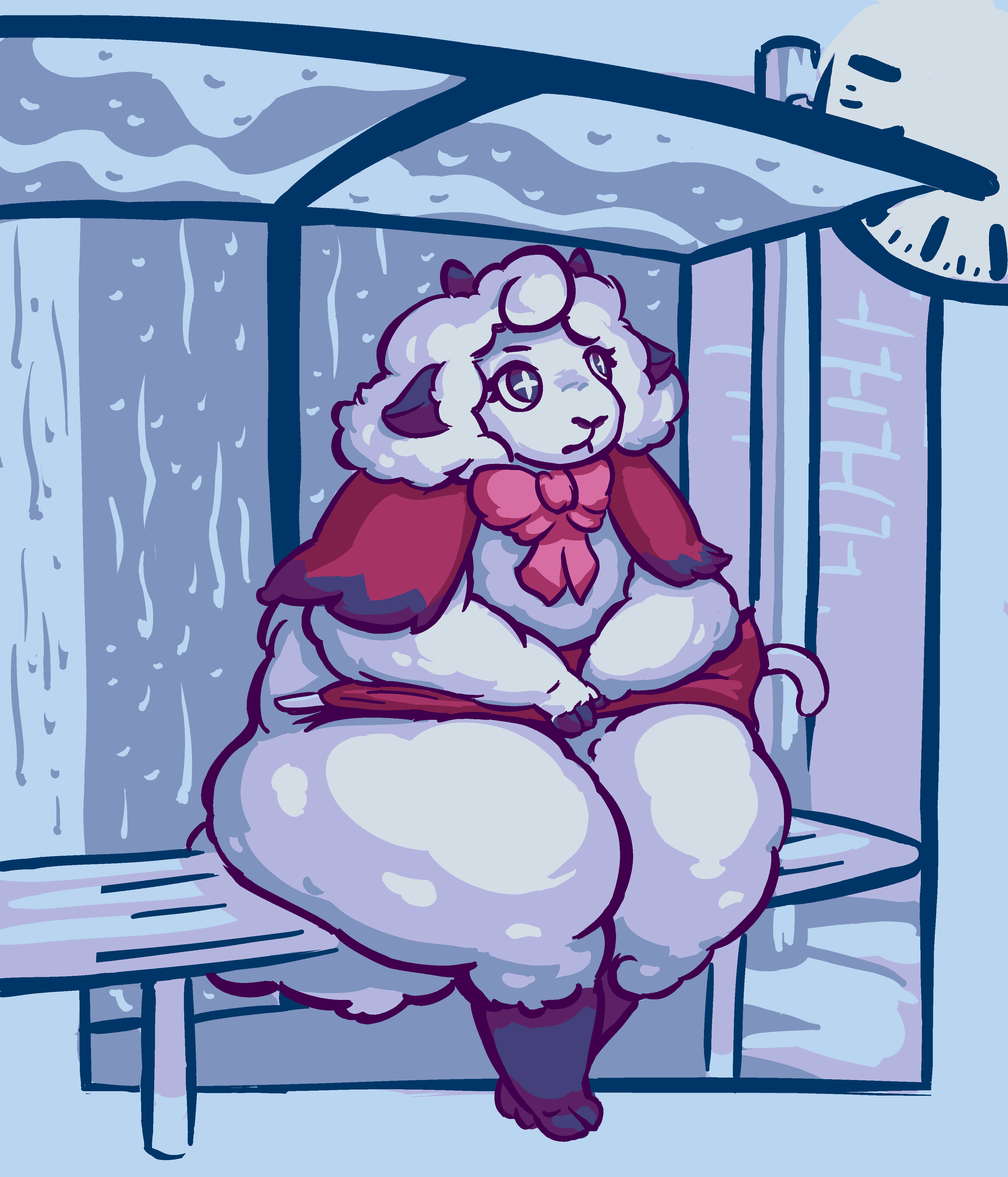 Spælsau, a poofy sheep lady wearing a shawl and bow, with the wool around her hooves shorn to look like mid-calf boots.  She sits on a bench under a bus stop shelter on a rainy day, holding her umbrella folded on her lap, and glances impatiently at a nearby clock.