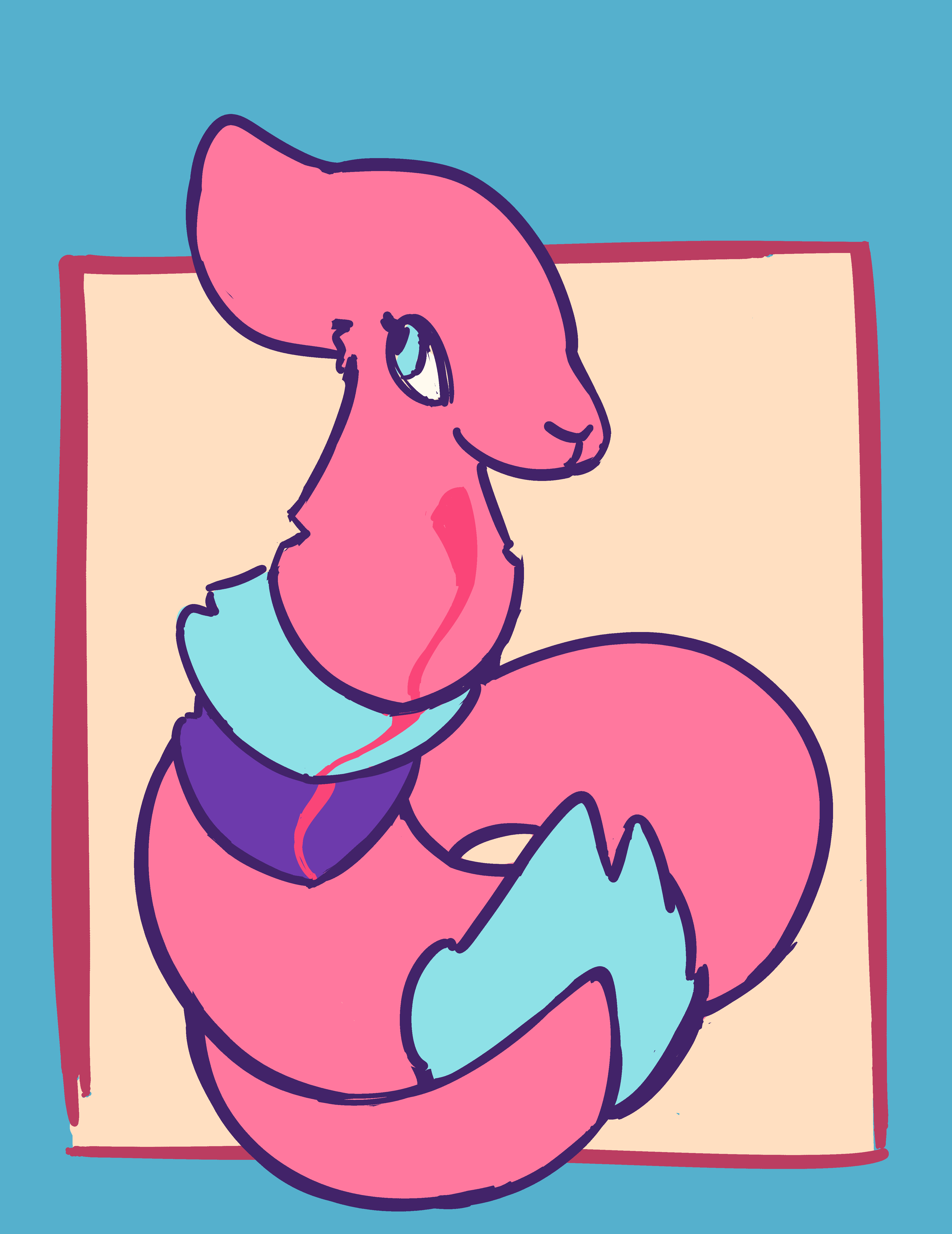 A pink serpentine creature with teal and purple frills on her neck and tail, hovering and looking a little wary.