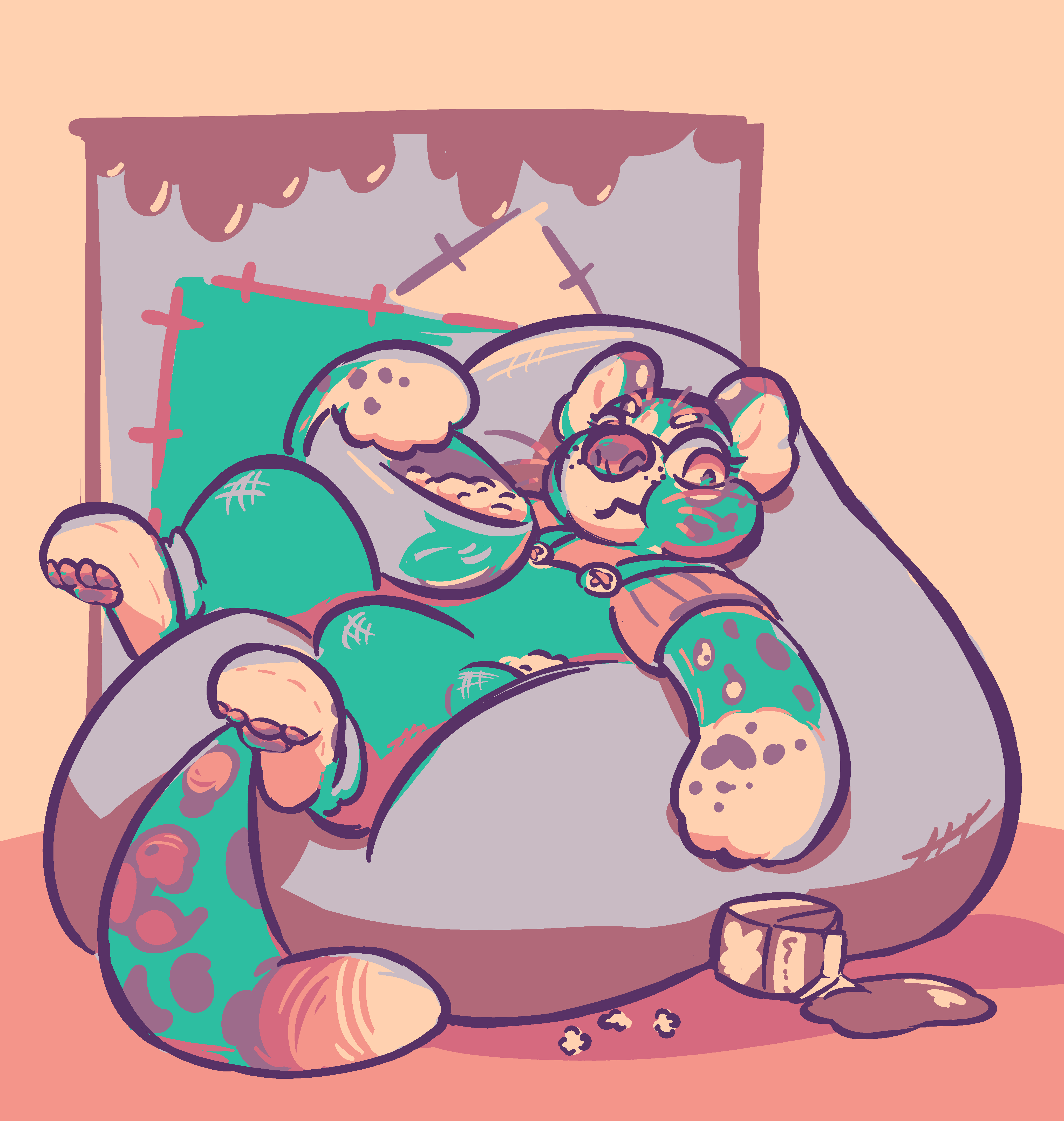 Peri, a brightly-coloured living stuffie ocelot kid in big overalls.  She lounges sideways on a beanbag chair, munching on popcorn and trying to reach for the carton of chocolate milk she's accidentally spilled all over the floor.