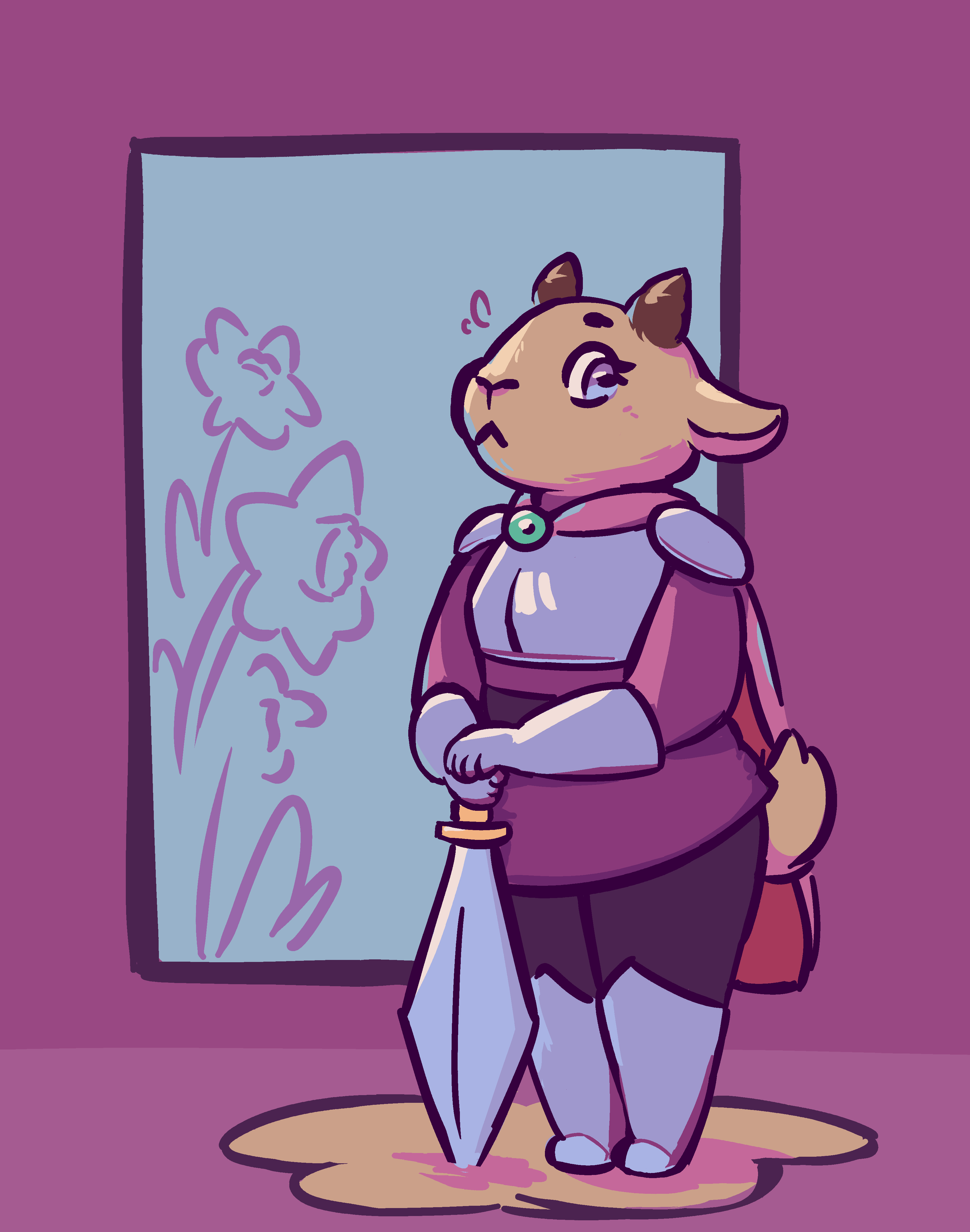 Daffodil, a short goat girl with little nubby horns, wearing light armour, a tunic, and a cape.  She stands upright, resting her hands on the pommel of her sword, which is stuck point-down in the ground.  She looks mildly startled, and she leans forward a little too much, her shoulders tensed.