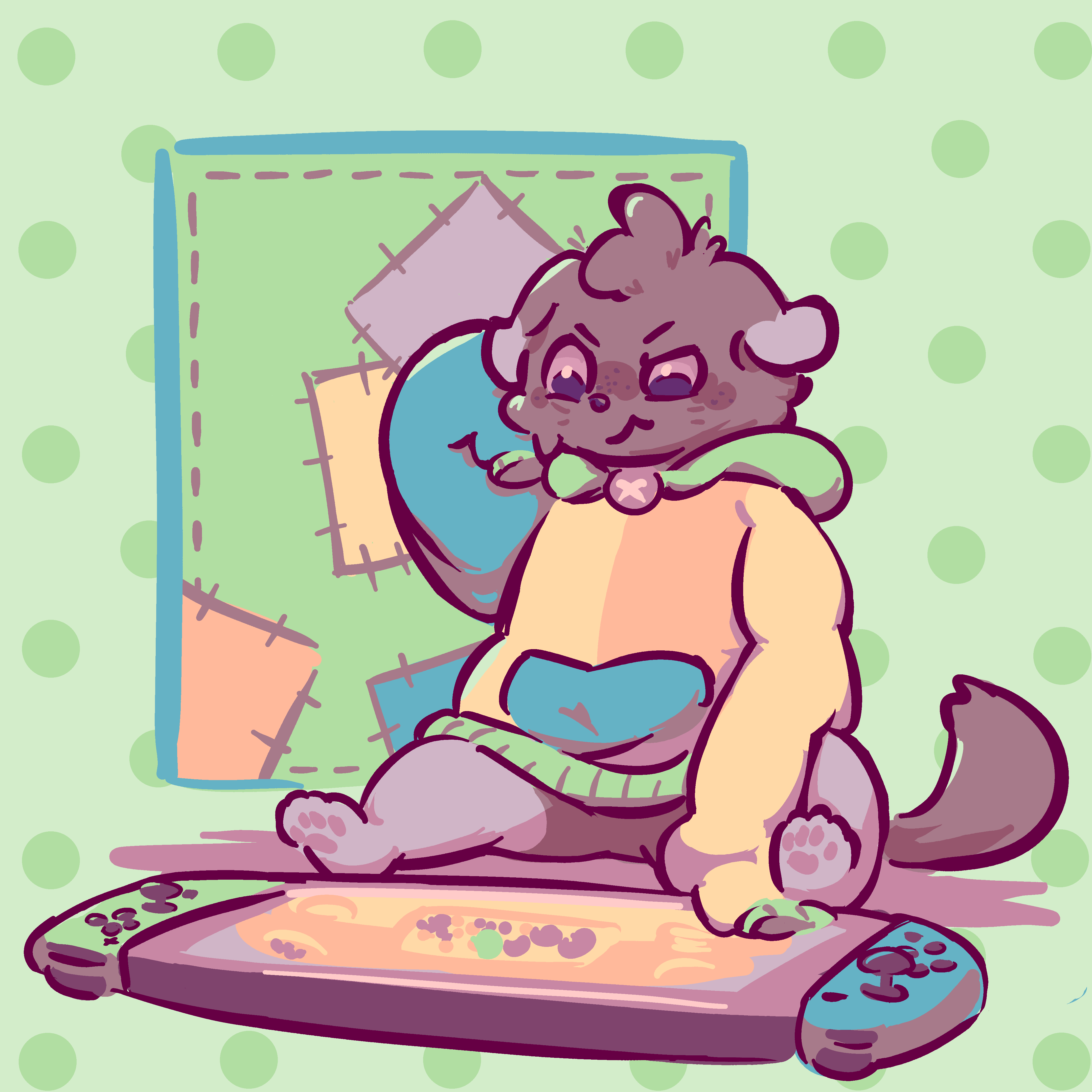 Chip, an Espurr (a scrunkly little cat Pokémon with folded ears) in an oversized pastel hoodie whose floppy sleeves cover his handpaws.  He has his Nintendo Switch laid out in front of him — it's about as big as he is — and he gives the game a vexed look, scratching his head.