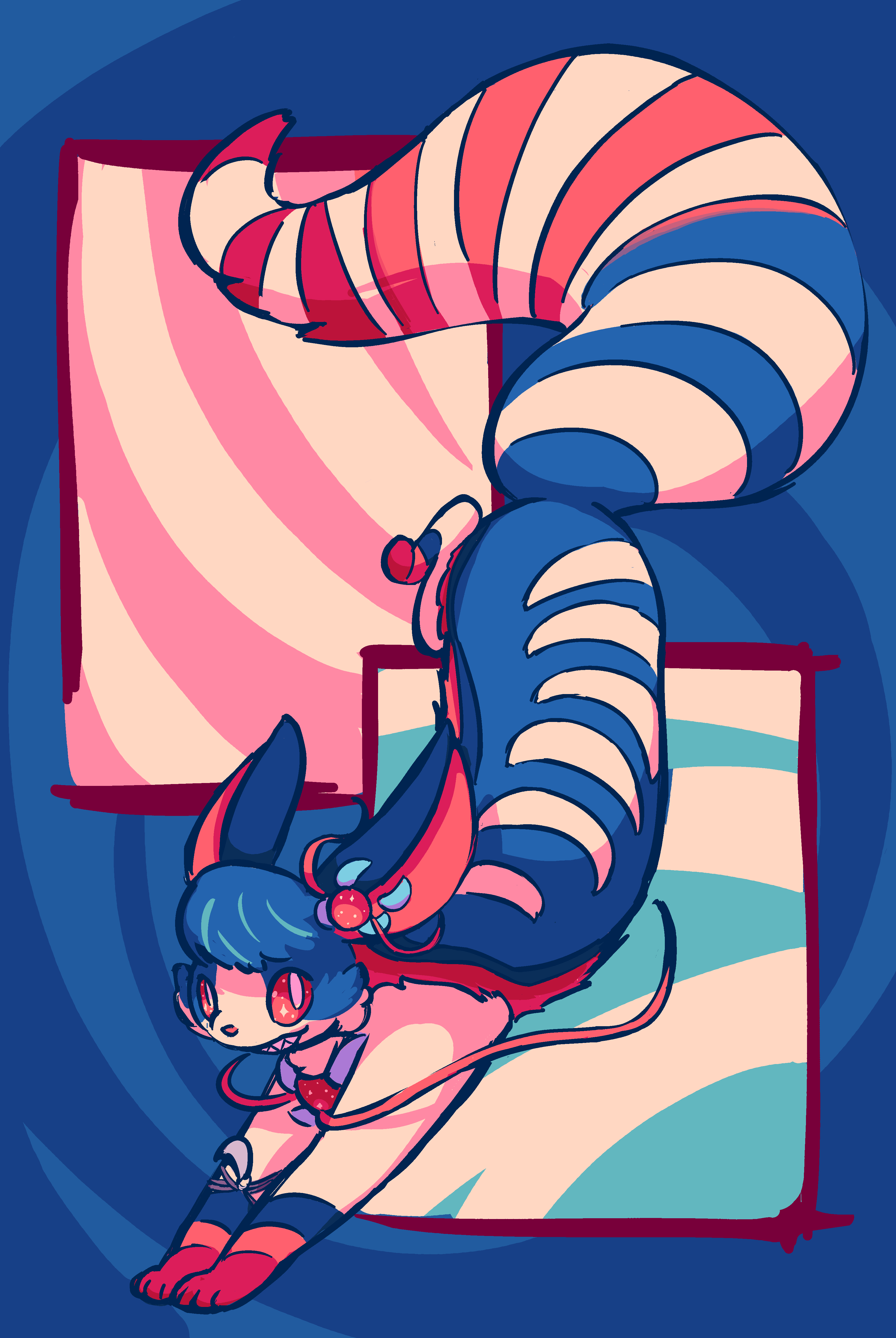 A sinister-looking Sylveon with stripy moon markings, a very froofy tail, and spindly, tendril-like ribbons.  He pounces into the foreground and flashes his sharp teeth at you.