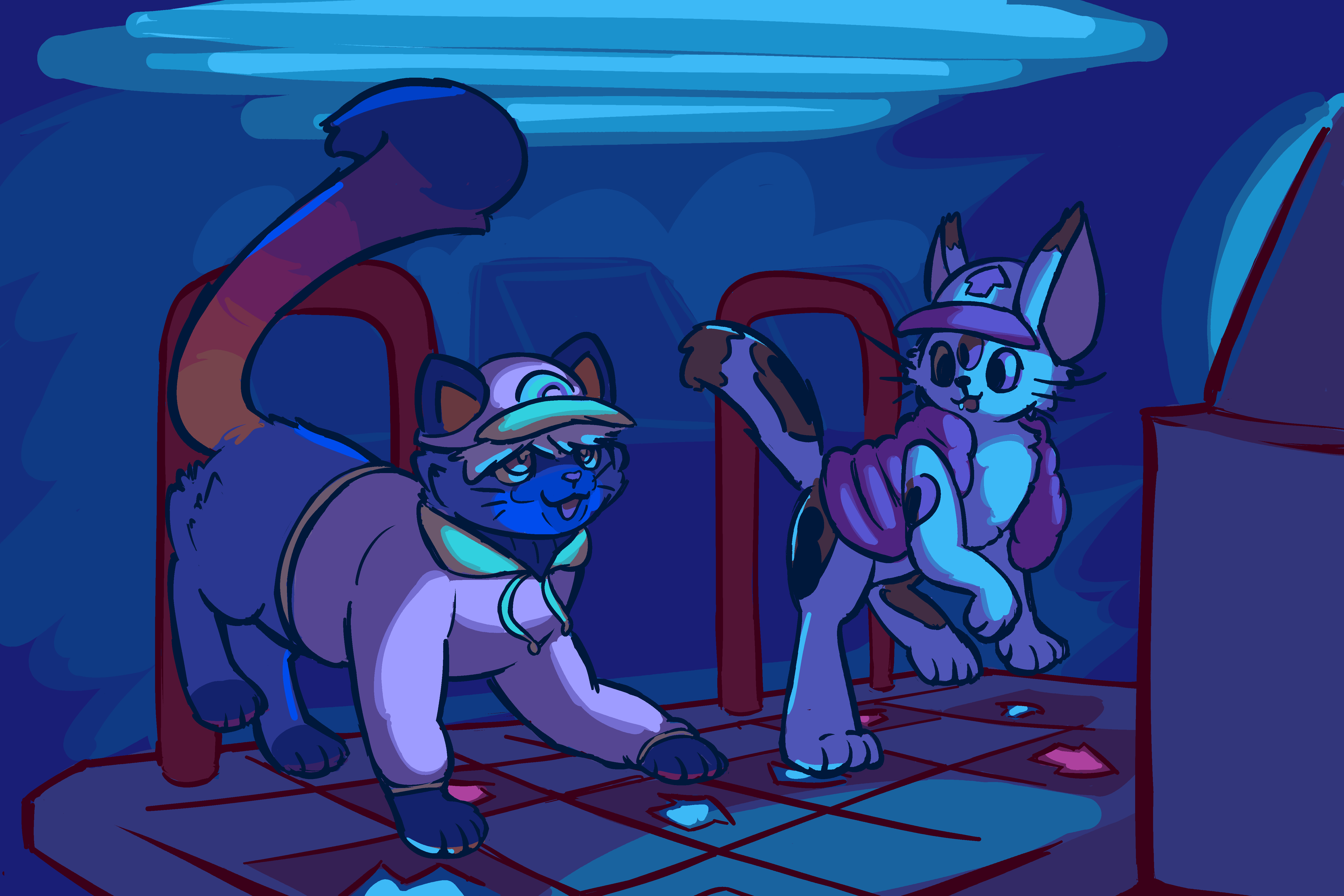 Two cats hangin' out at an arcade, playing DDR.  Disco, in the foreground, is dark grey and stocky with a sunset gradient tail, wearing a pink hoodie and baseball cap; Vinnie, off to the side, is disguised as a plain old calico, albeit a weird-lookin' lanky one, wearing a pink puffy vest and a cap with a pink up arrow on it.