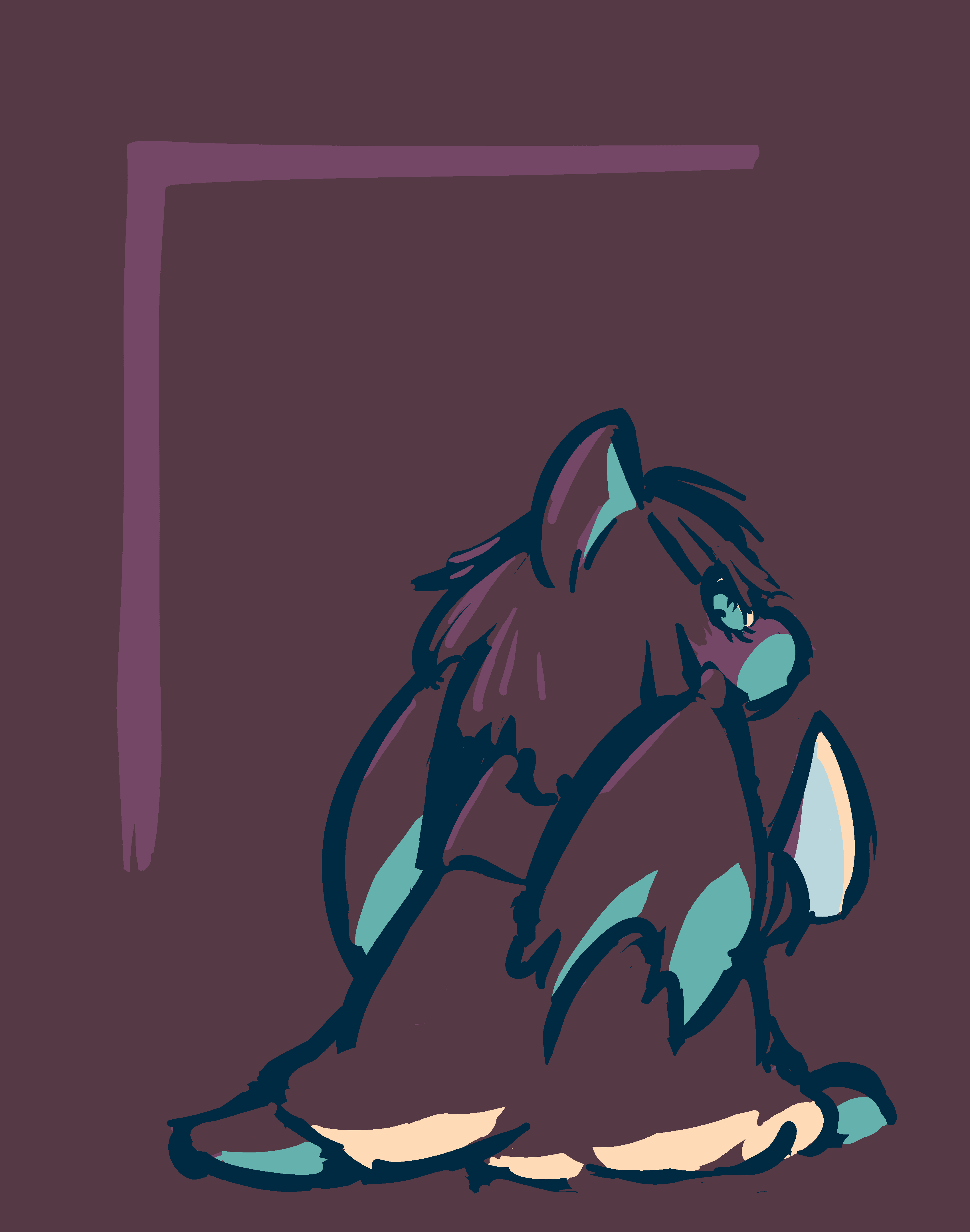 Lucerase, a Ghost Shoyru (little dragon Neopet) with slightly-frazzled hair, a tattered dress, and an intense gaze.  She sits in a corner in the dark, staring menacingly over her shoulder and holding up a big kitchen knife — not pointing it anywhere, mind you, just making sure you see it.