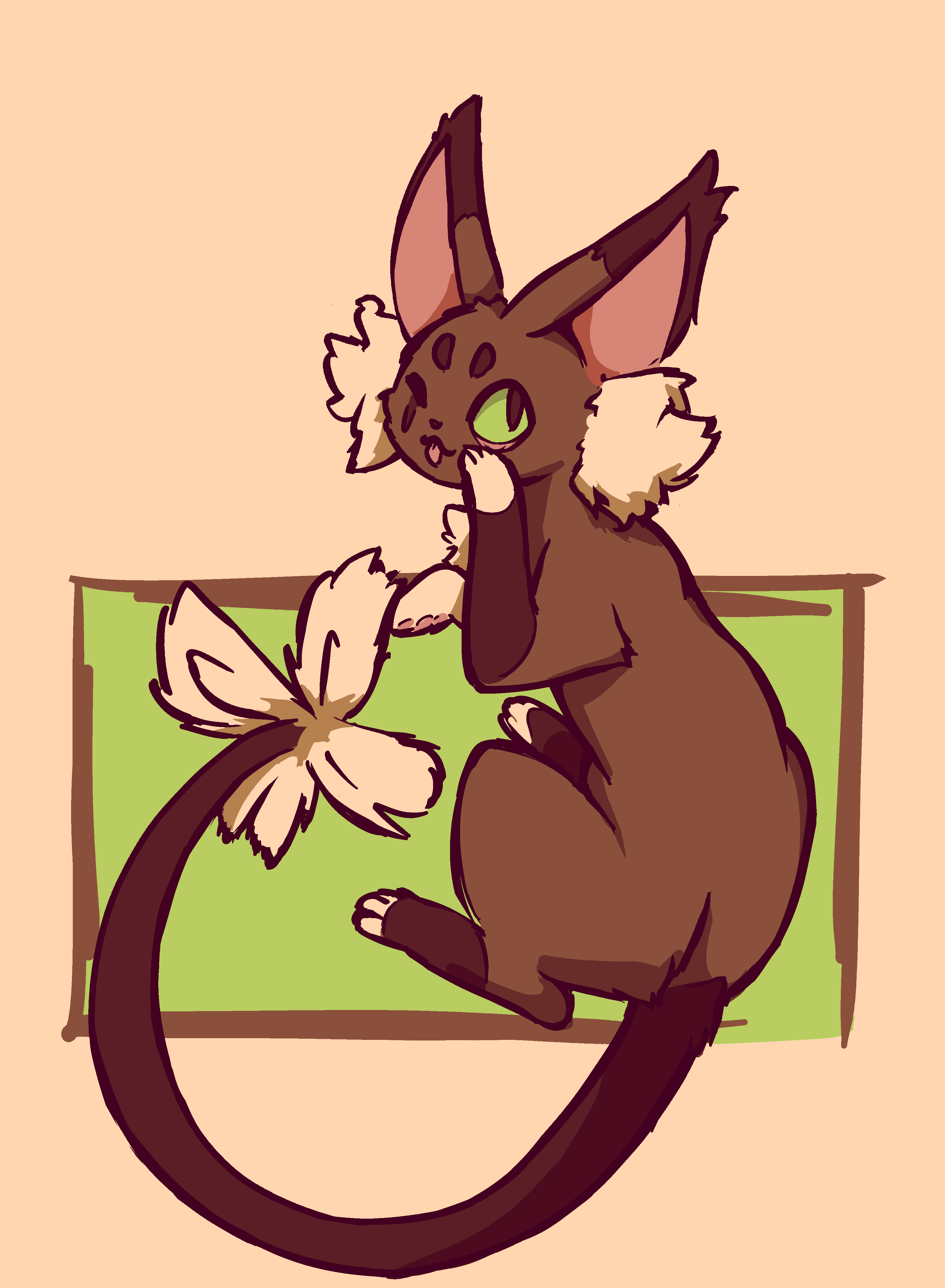 A scrawny little brown cat with short fur, if any, on most of her body, save for big wild tufts on her cheeks, chest, and tail tip.  She hovers in midair and taunts you with the classic eyelid pull + raspberry.