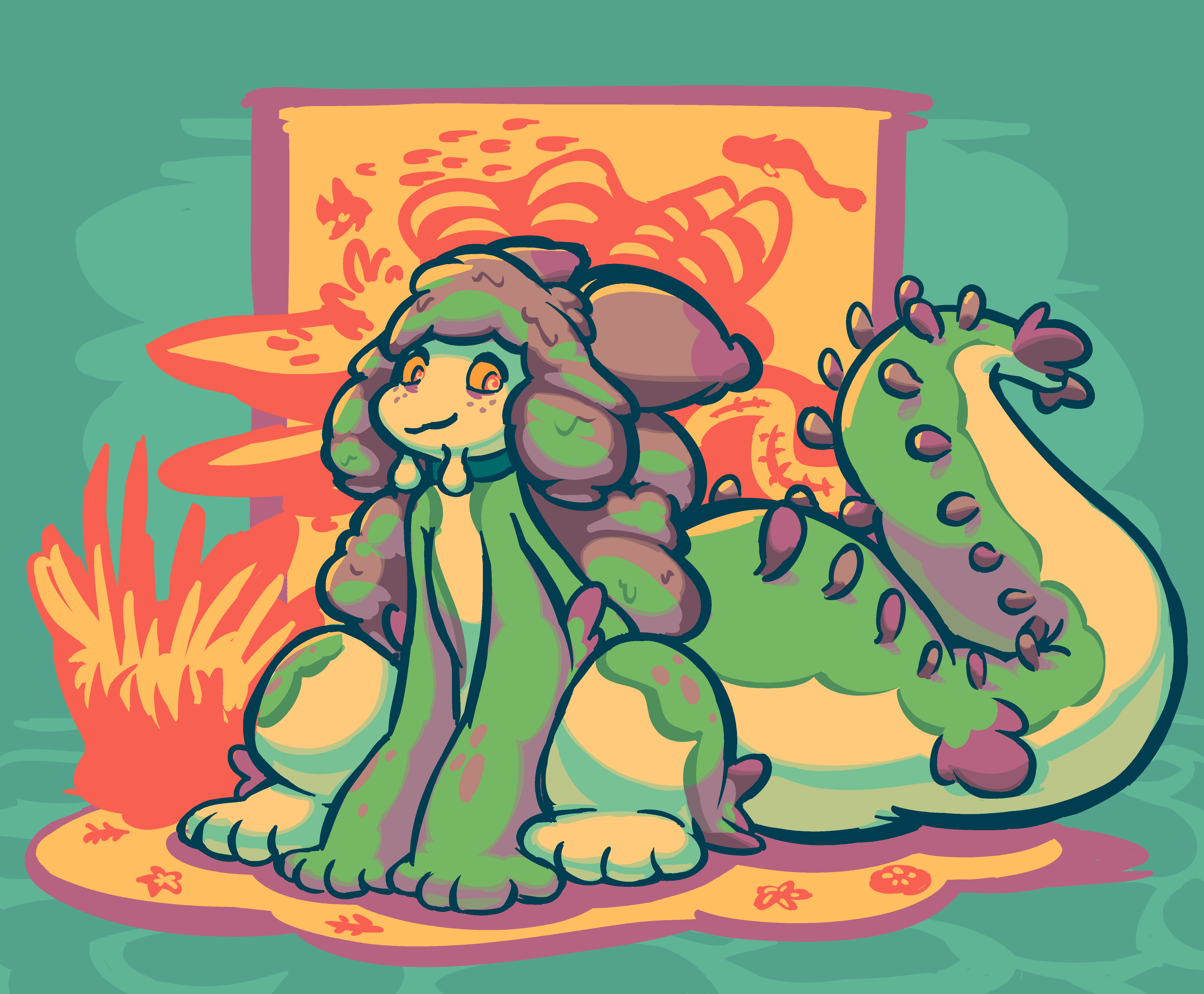 A 'sea bunny' (literally half-nudibranch half-bunny, in this case) with a turquoise back, a white underbelly, and various purple goopy bits and frills.  She's chilling in front of some coral and giving an off-kilter tired half-smile.