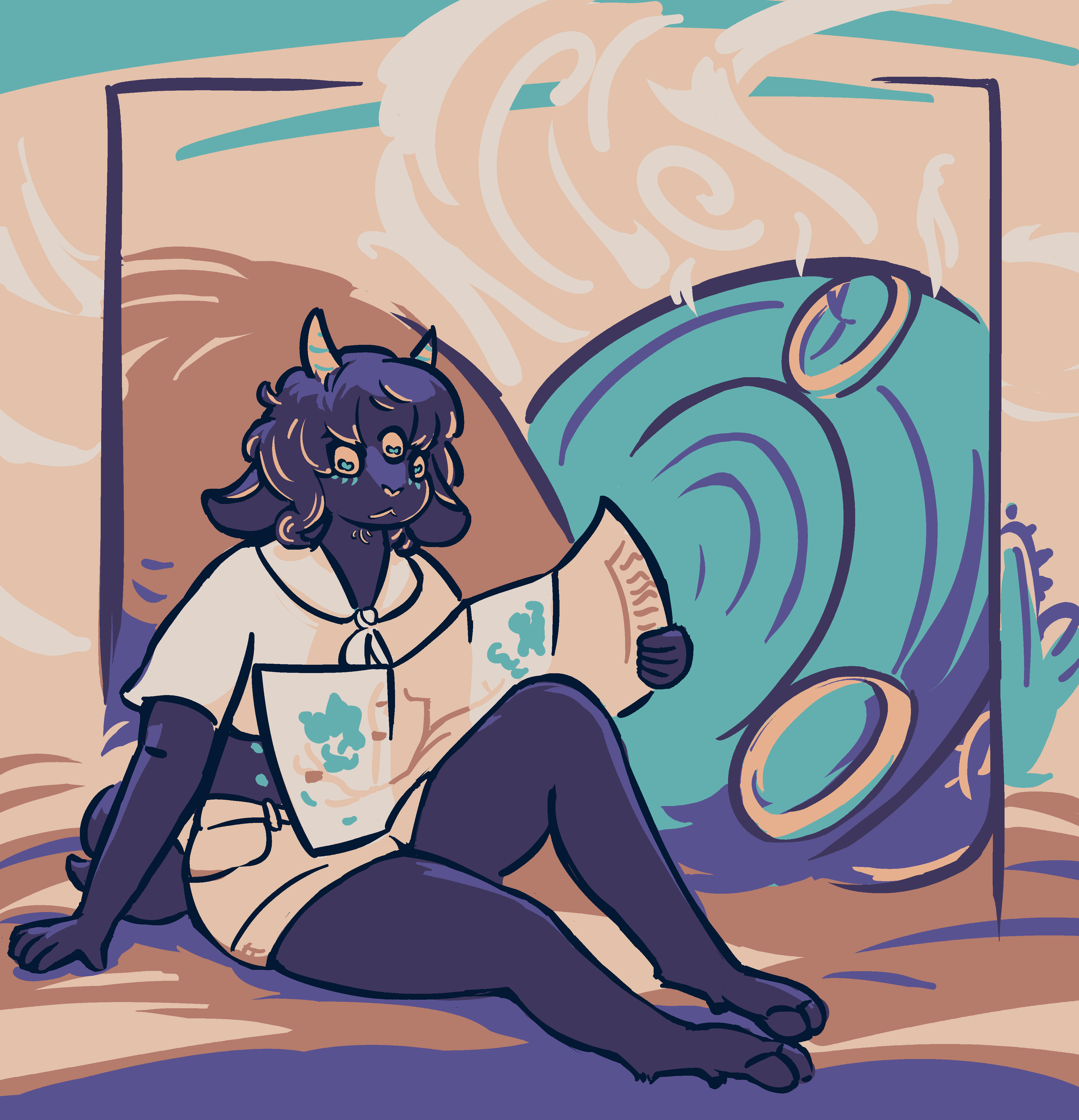 Monday, a three-eyed alien goat person in khaki shorts and a loose breathable button-up crop top.  They sit in the middle of the desert with a map propped up on one knee, leaning against the rock they crashed their UFO into while they try to figure out where the hell they are.