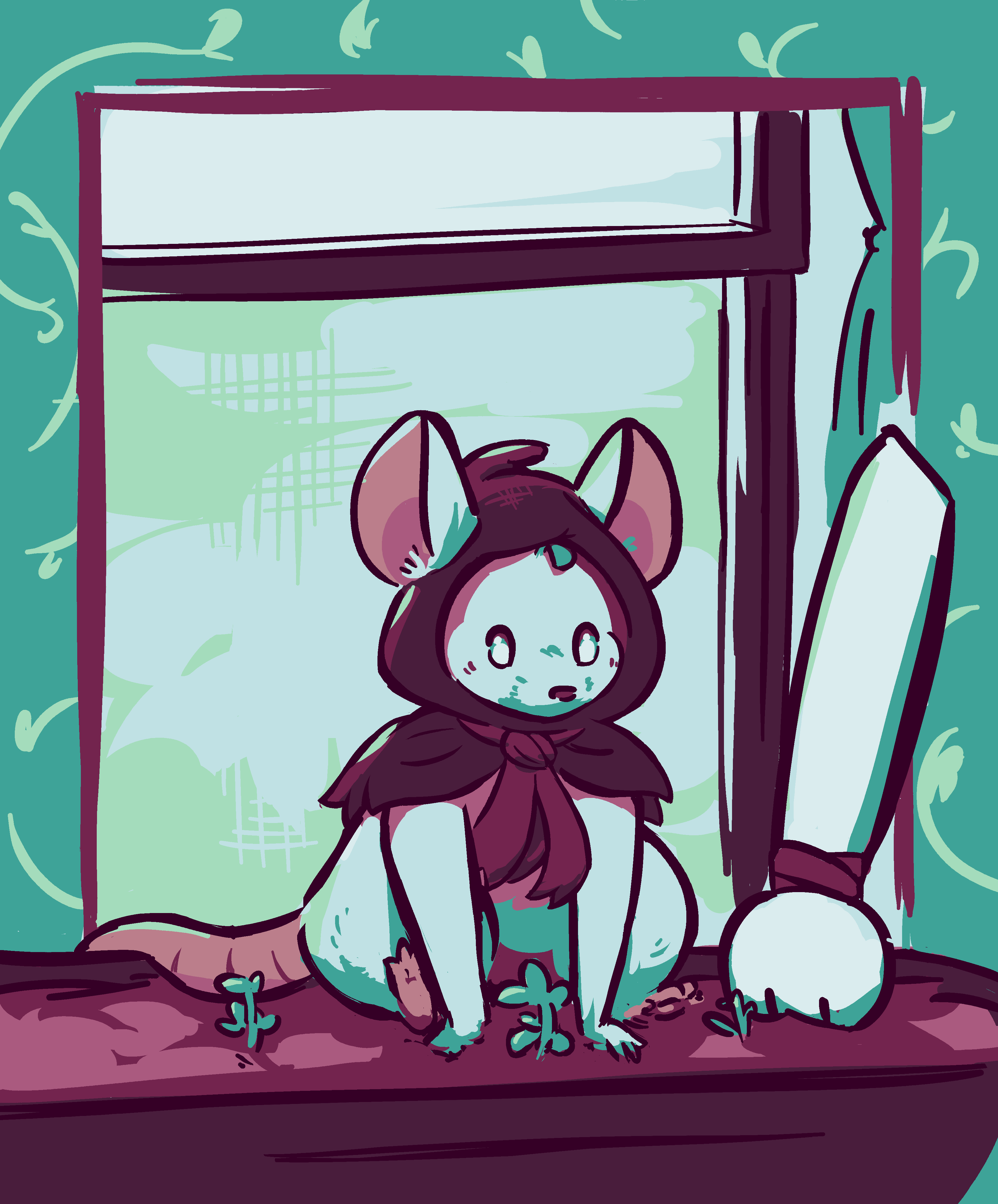 Mint, a little grey mouse in a cowl hiding the sprout atop their head.  They're sitting in a window planter tending to some plants with the trusty spork they use as a shovel propped up in the dirt beside them.