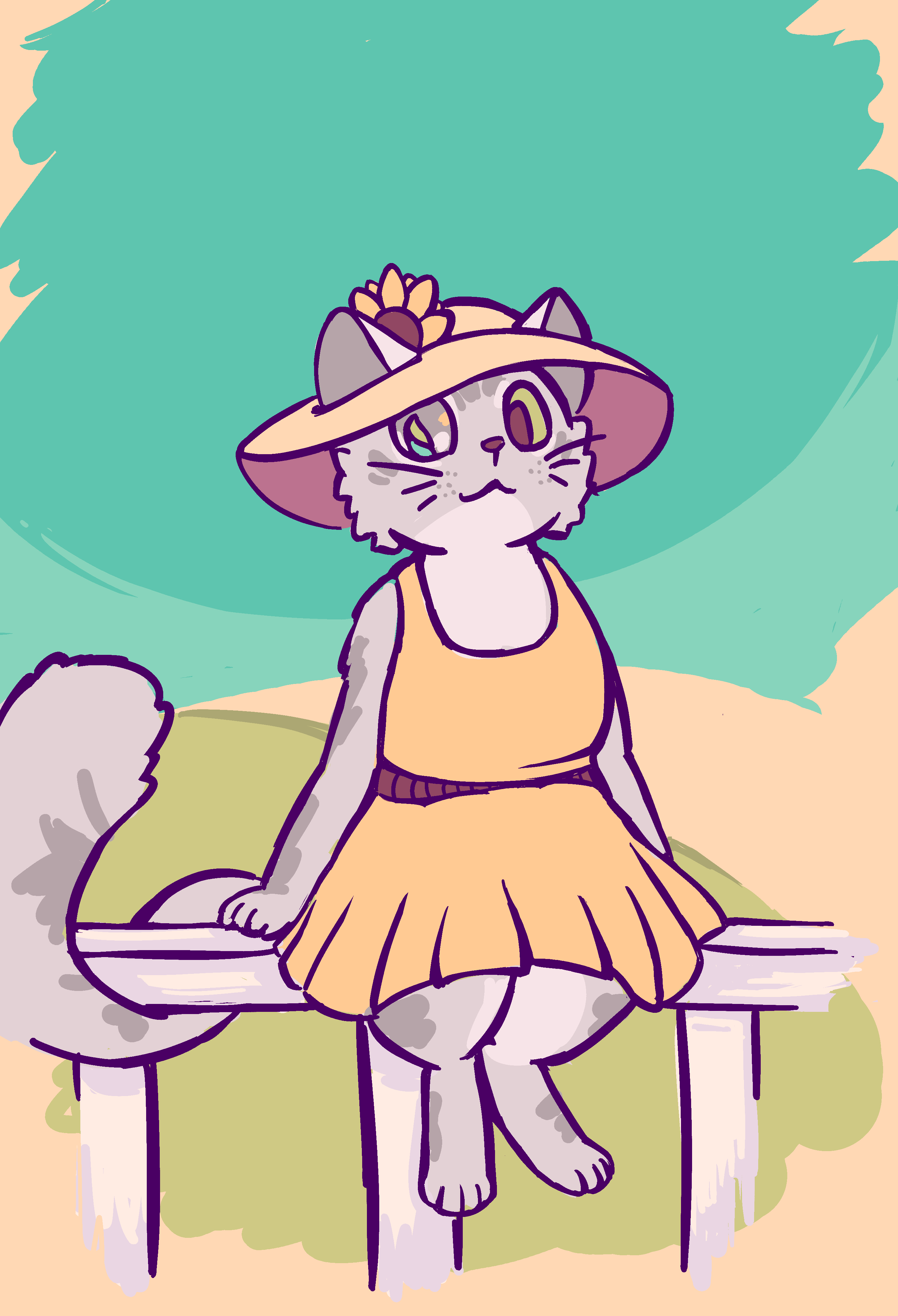 A drawing of a stripy grey cat with a marble for one eye, wearing a cute yellow sundress and a floppy, wide-brimmed sunhat with a sunflower tucked behind one ear.  Hir tail is curled around the white wooden railing upon which zie's coquettishly perched.  It's a hot sunny day with a clear, green sky.