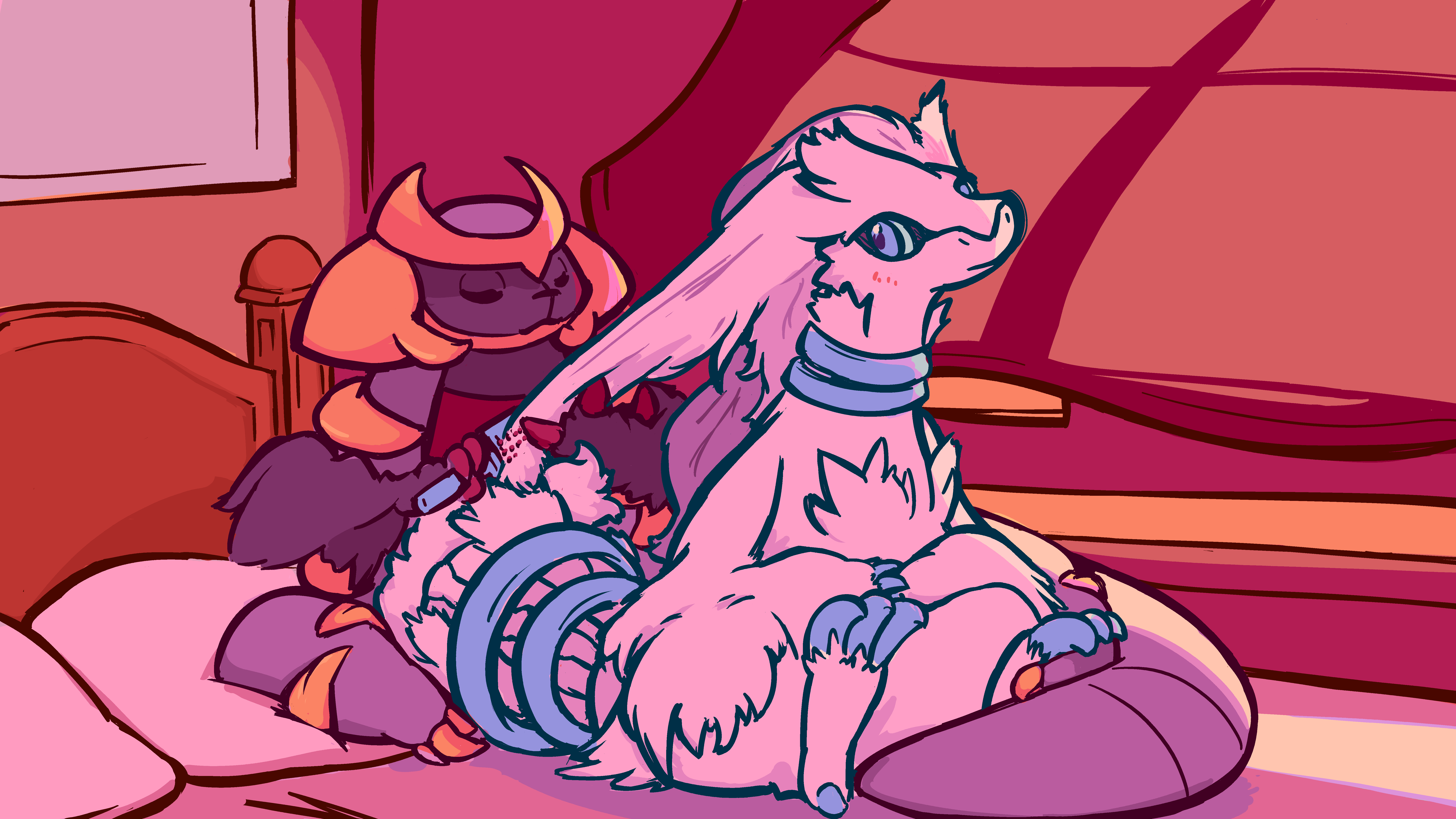 A drawing of a Giratina and a Reshiram — two legendary Dragon Pokémon — sitting on a bed, with Giratina brushing the blushing Reshiram's... hair?  Their billowing head floof.  The sunset is filtering in through the curtains.