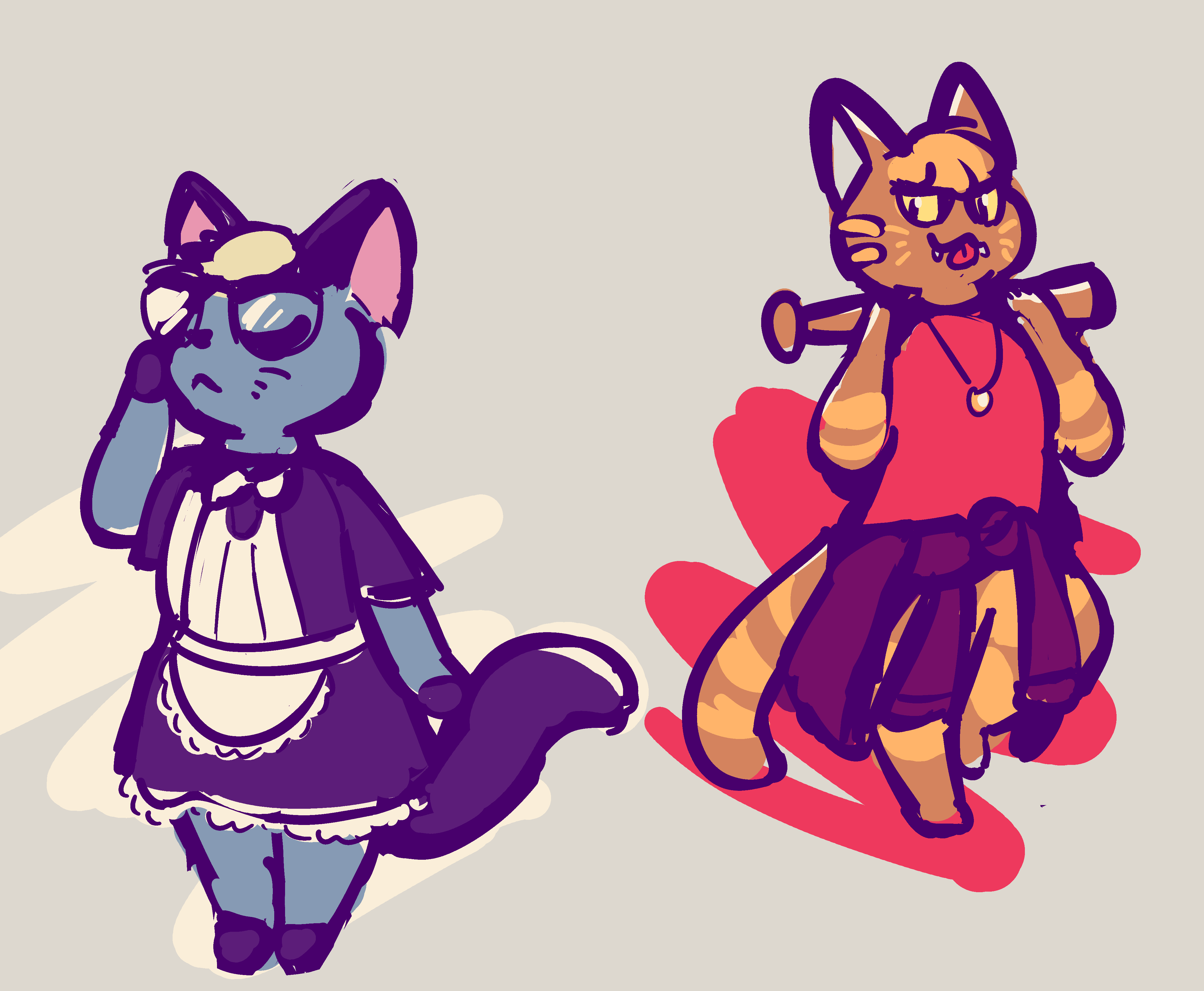 Raymond and Katt from Animal Crossing.  Raymond looks self-satisfied in his maid dress, while Katt leans against a wall posing cheekily with a baseball bat.