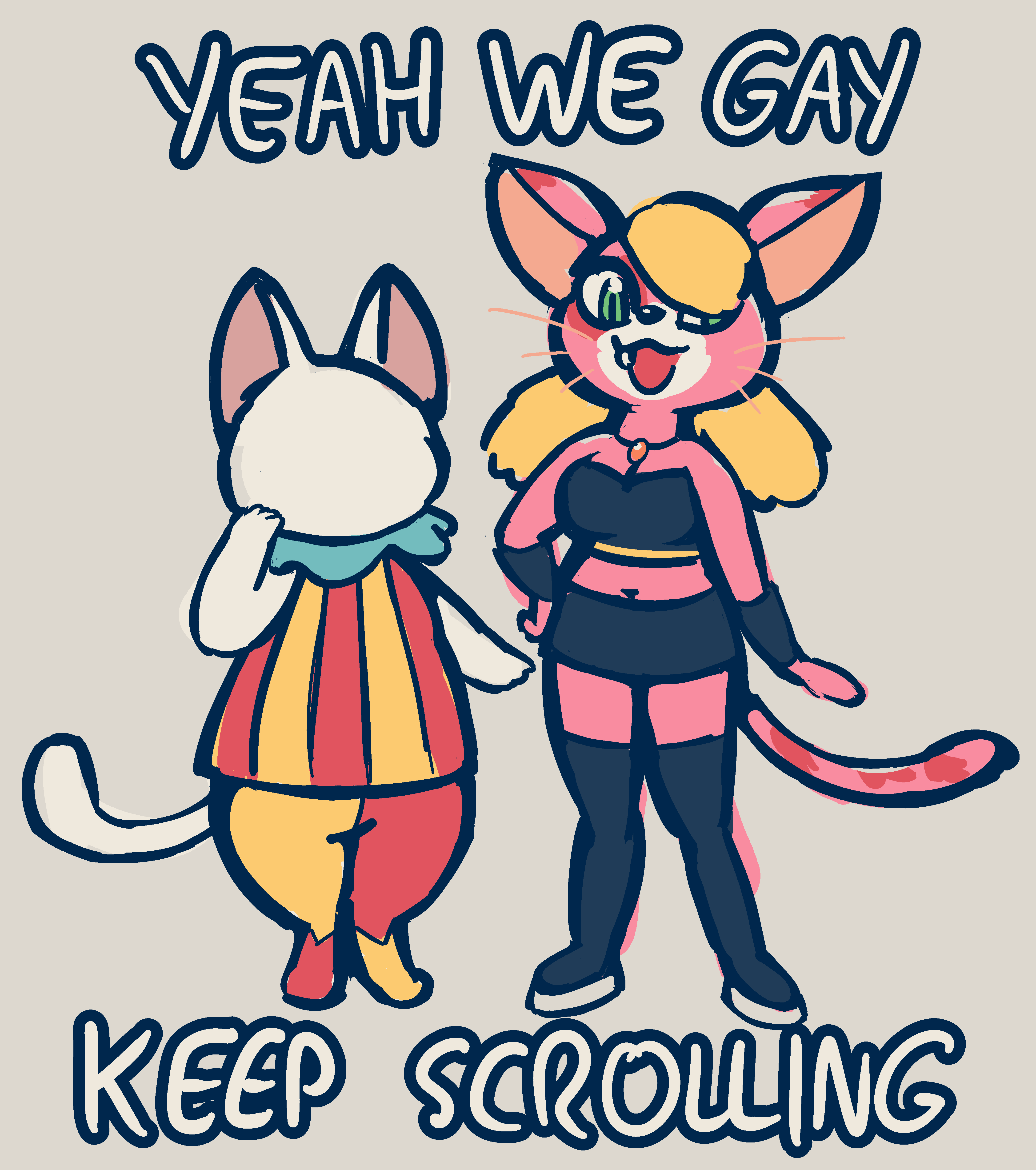 Blanca from Animal Crossing and Natia from Bomberman Hero, captioned: "YEAH WE GAY / KEEP SCROLLING"