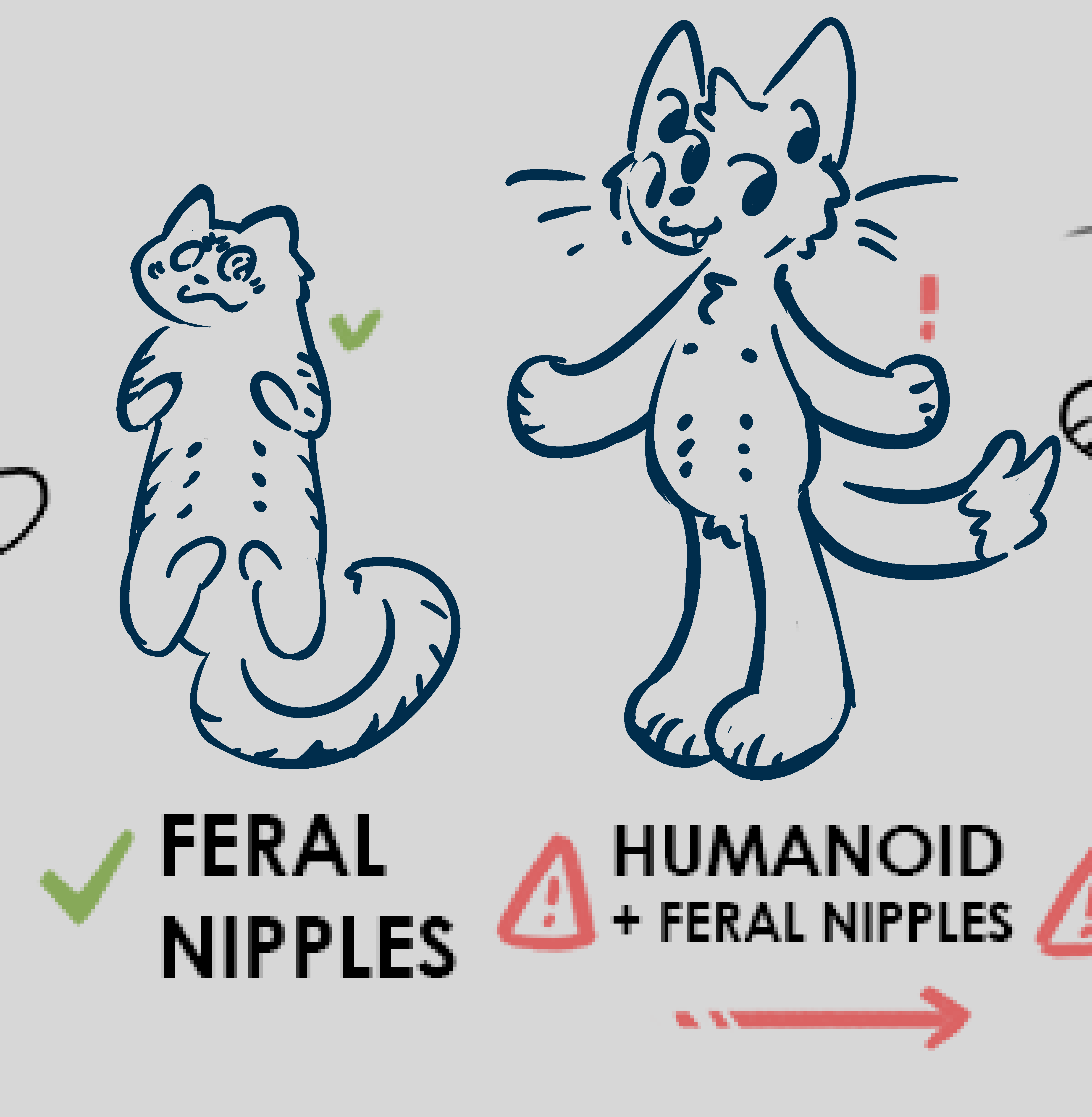 A crop from the Art Fight nudity guide.  I've drawn over the "feral nipples" cat with my fursona Trinket and the "humanoid + feral nipples" cat furry with my other fursona Vinnie.