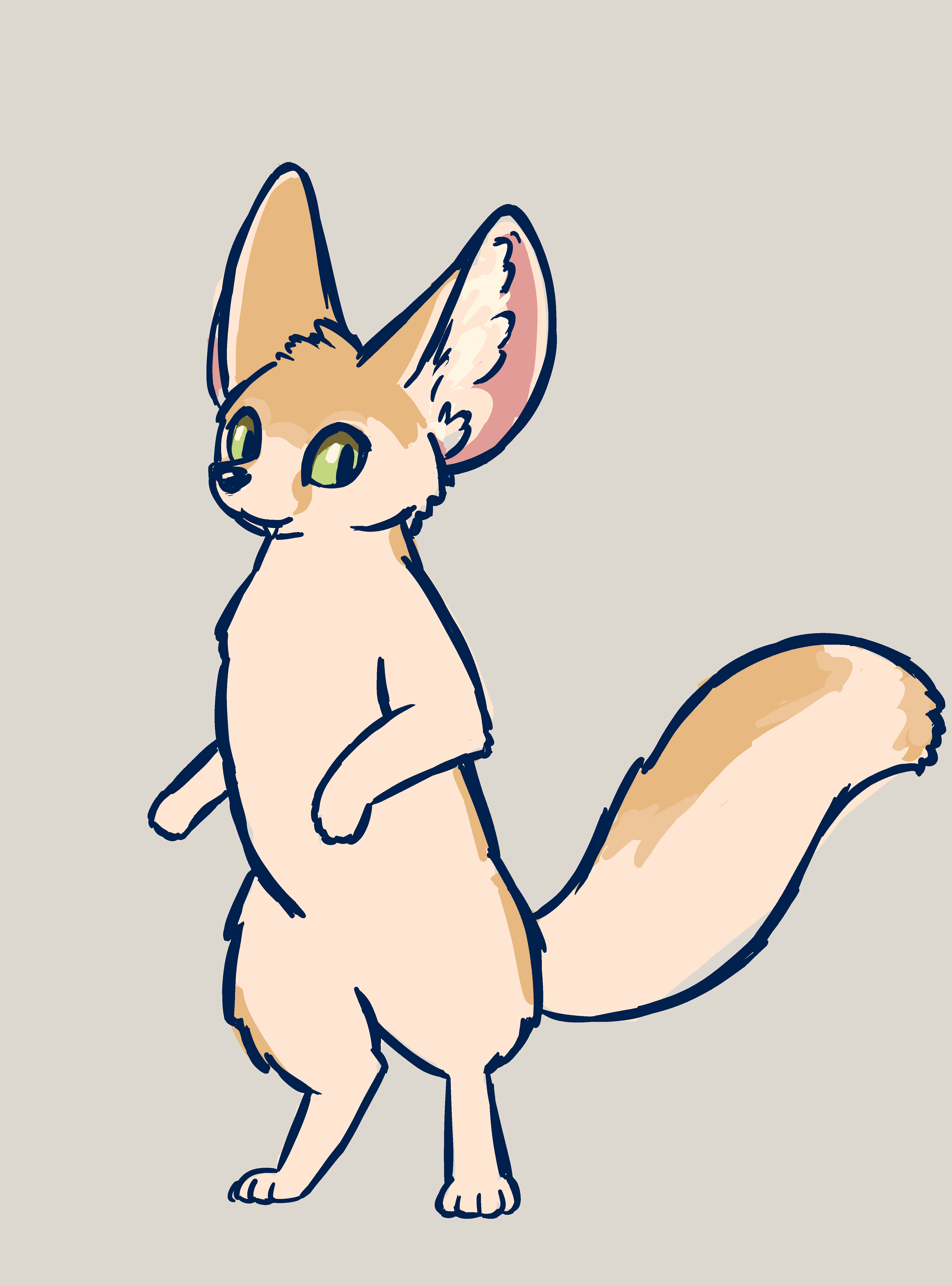 A mischievous-looking fennec with bright green eyes standing on their hind legs.