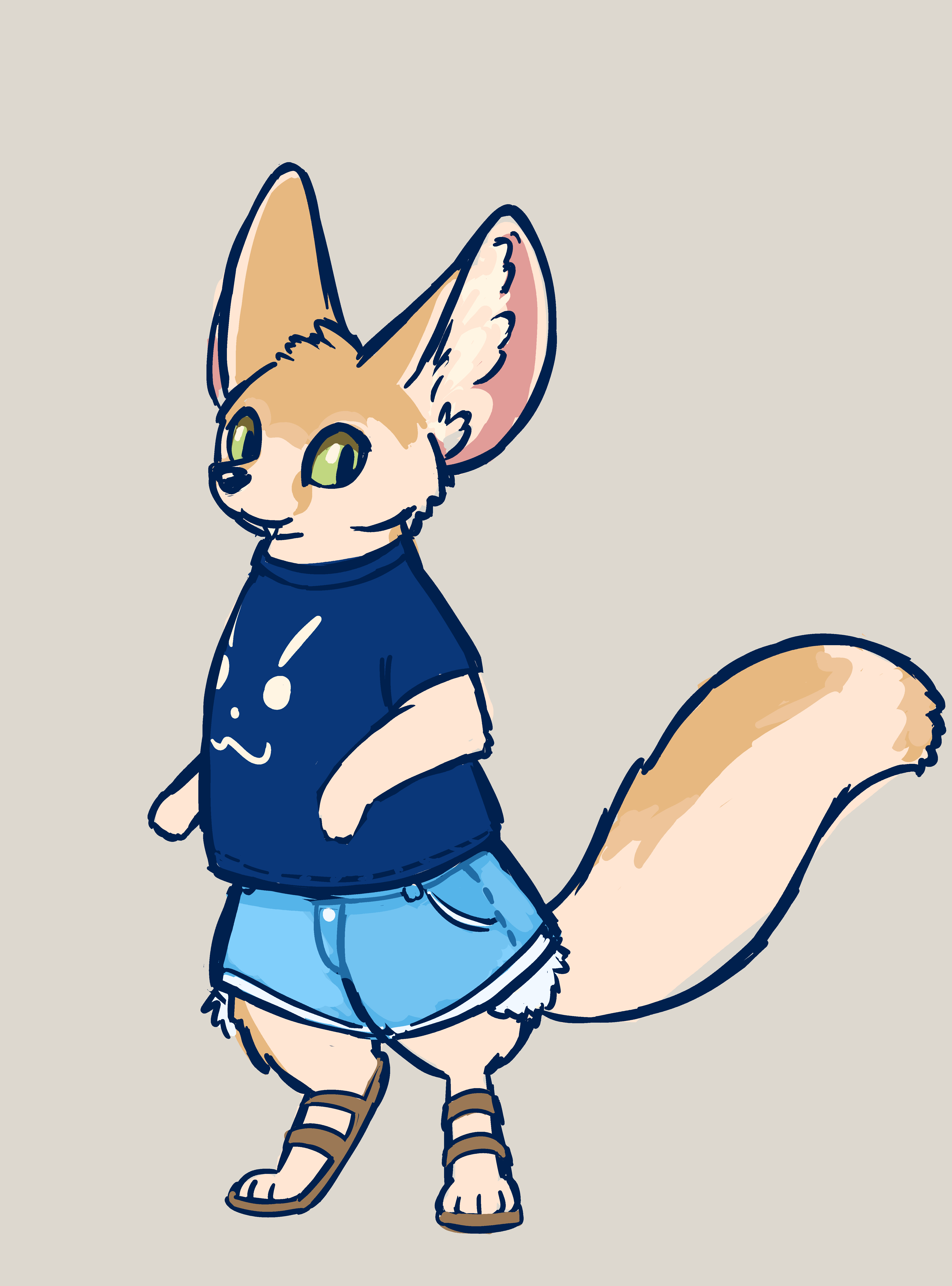 The same fennec, but wearing jorts, a T-shirt, and long sandals fitted to their long feet.