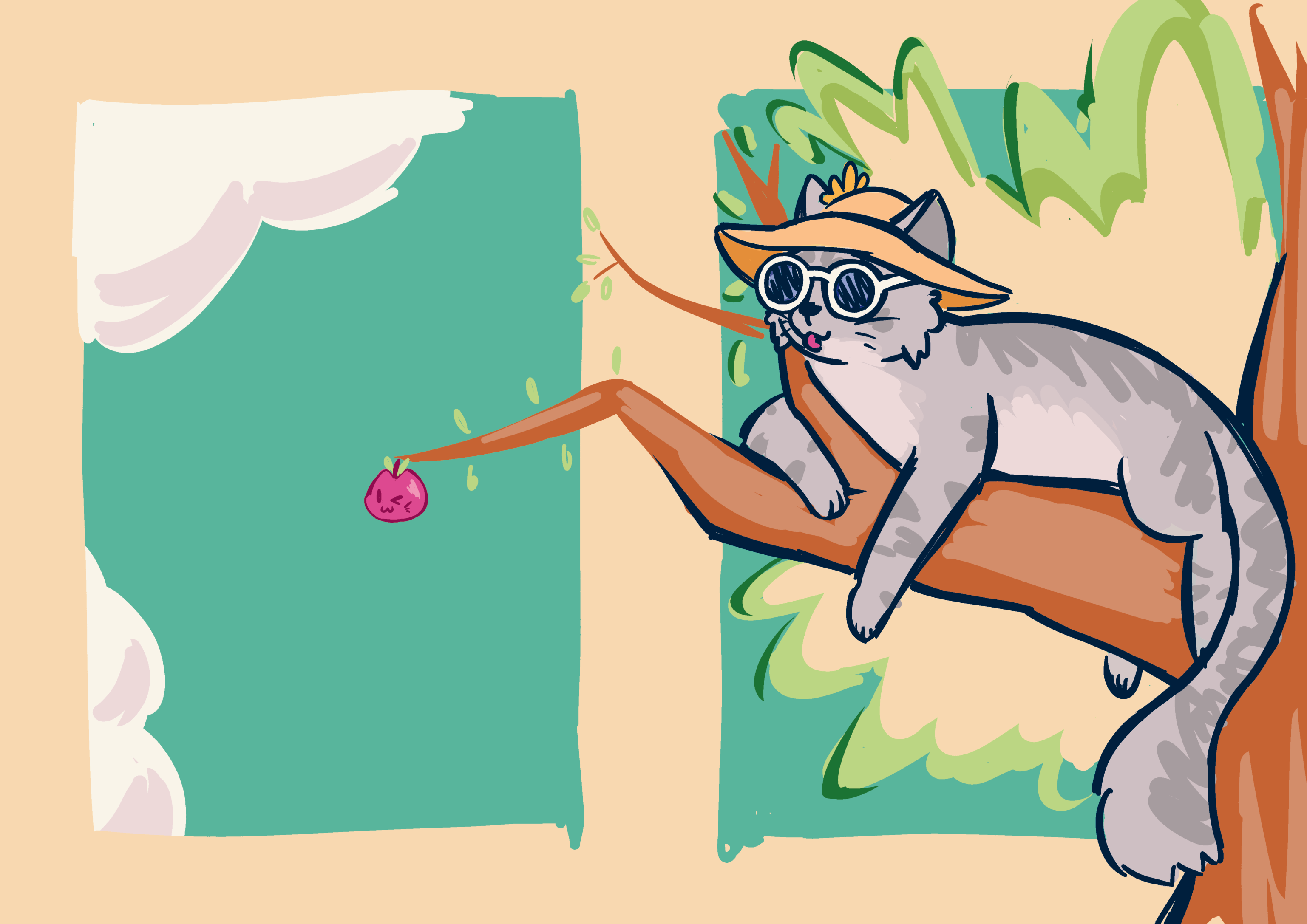 Trinket sprawled out on a tree branch, wearing white-rimmed sunglasses and a floppy wide-brimmed sunhat.  One branch reaches around the back of the card, where a sneaky little cat-faced apple winks at you.