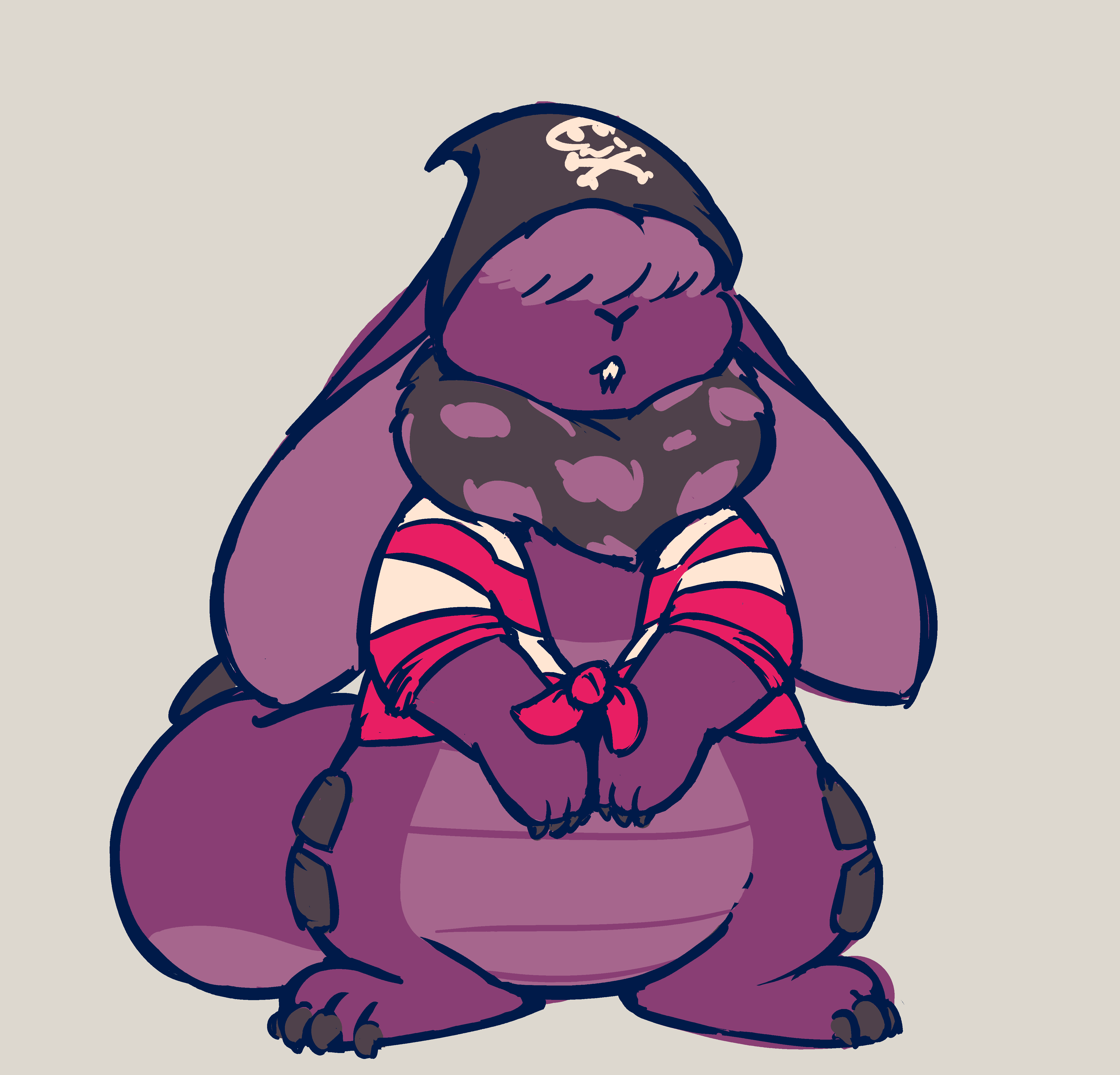 Brick the Darigan Cybunny — which is a fat purple scaly rabbit with a big fluffy dewlap and spikes down its back and tail.  Brick in particular also has hard plates on her thighs, scruff covering her eyes, and a pirate outfit.  Her long ears are tied back with a skull-and-crossbones bandanna, and her stripy crop top has a pretty bold cleavage window, though all it shows off is more flat scales.