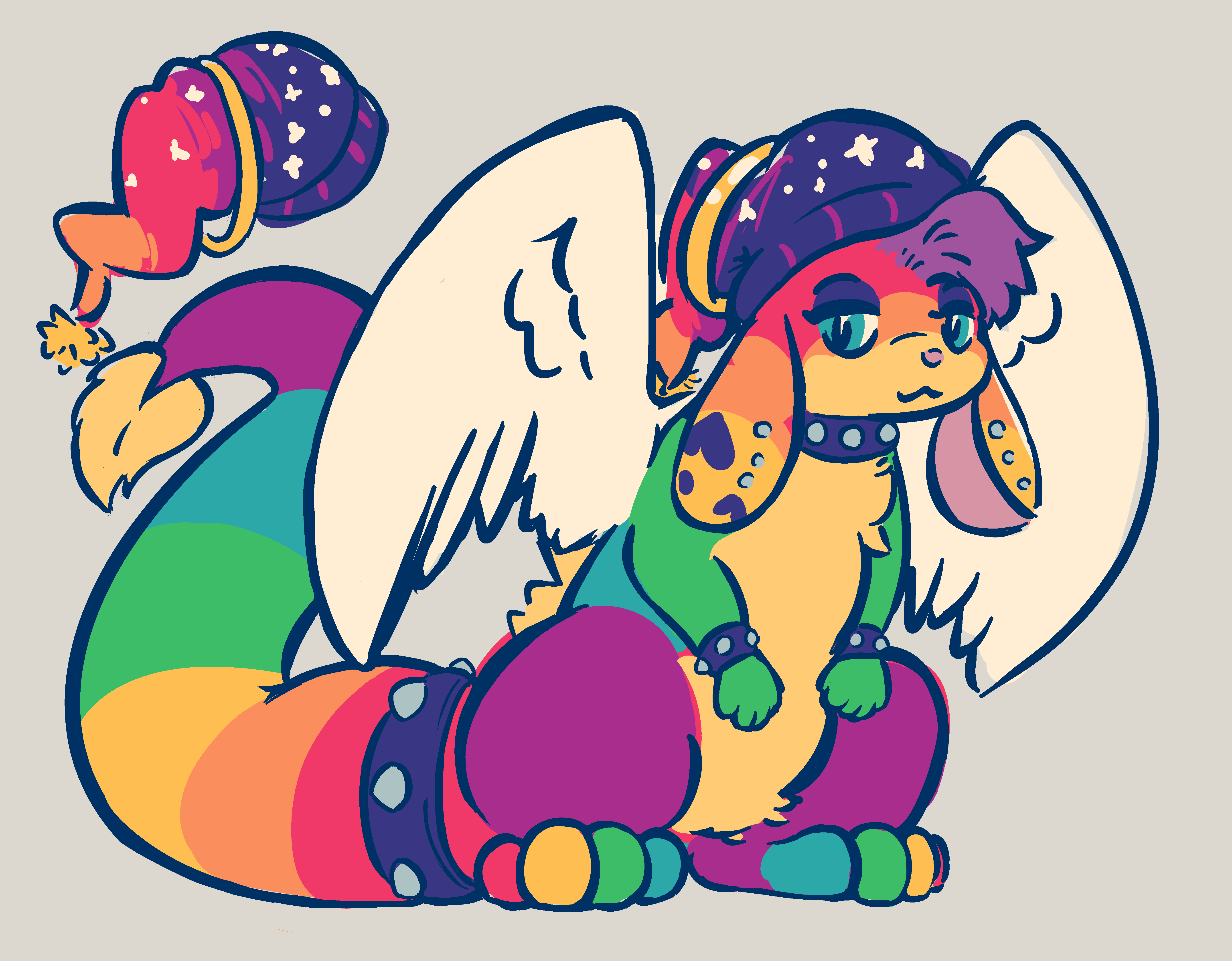 Mitzi the Rainbow Zafara — a long undefinable critter, like some sort of kangaroo-rabbit-weasel with a thick tail, long floppy ears, and spikes down its back.  She's dressed like a sleepy skater girl, with dark eyeshadow, studs all down her ears, a spiky collar with matching bracelets on her wrists and tail, and a sunset-patterned nightcap that she's passing off as a hipster beanie.  She's also got the Christmas Zafara's angel wings and halo, but the halo hangs askew from her hat.