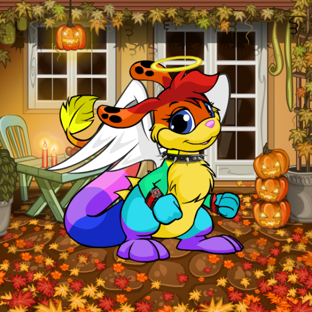 Mitzi's ingame render; she's standing in front of some jack-o'-lanterns with fall leaves around her feet.