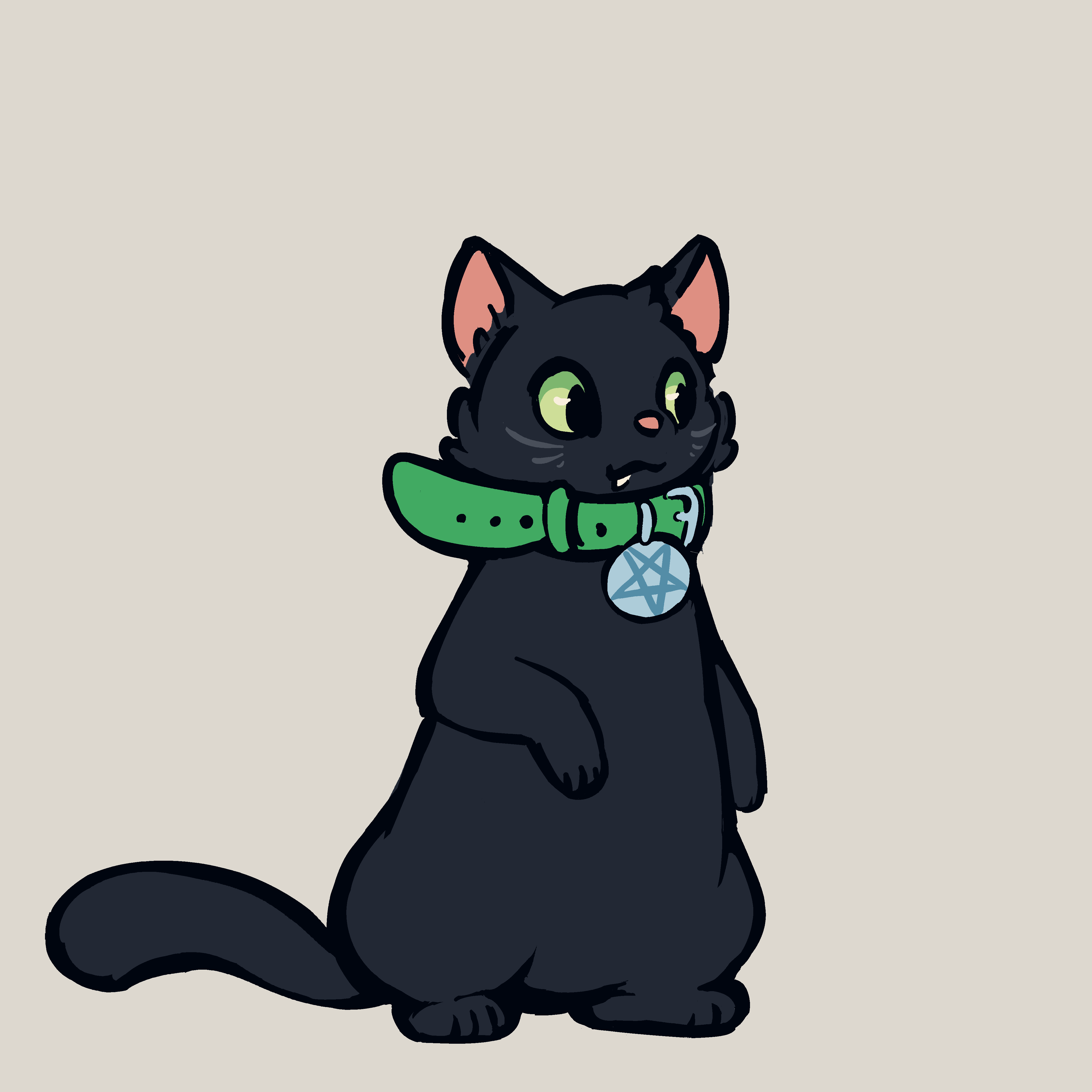 A short black cat with alert, bright green eyes and a single jaunty fang, wearing a big chunky green collar with a pentagram on the tag.