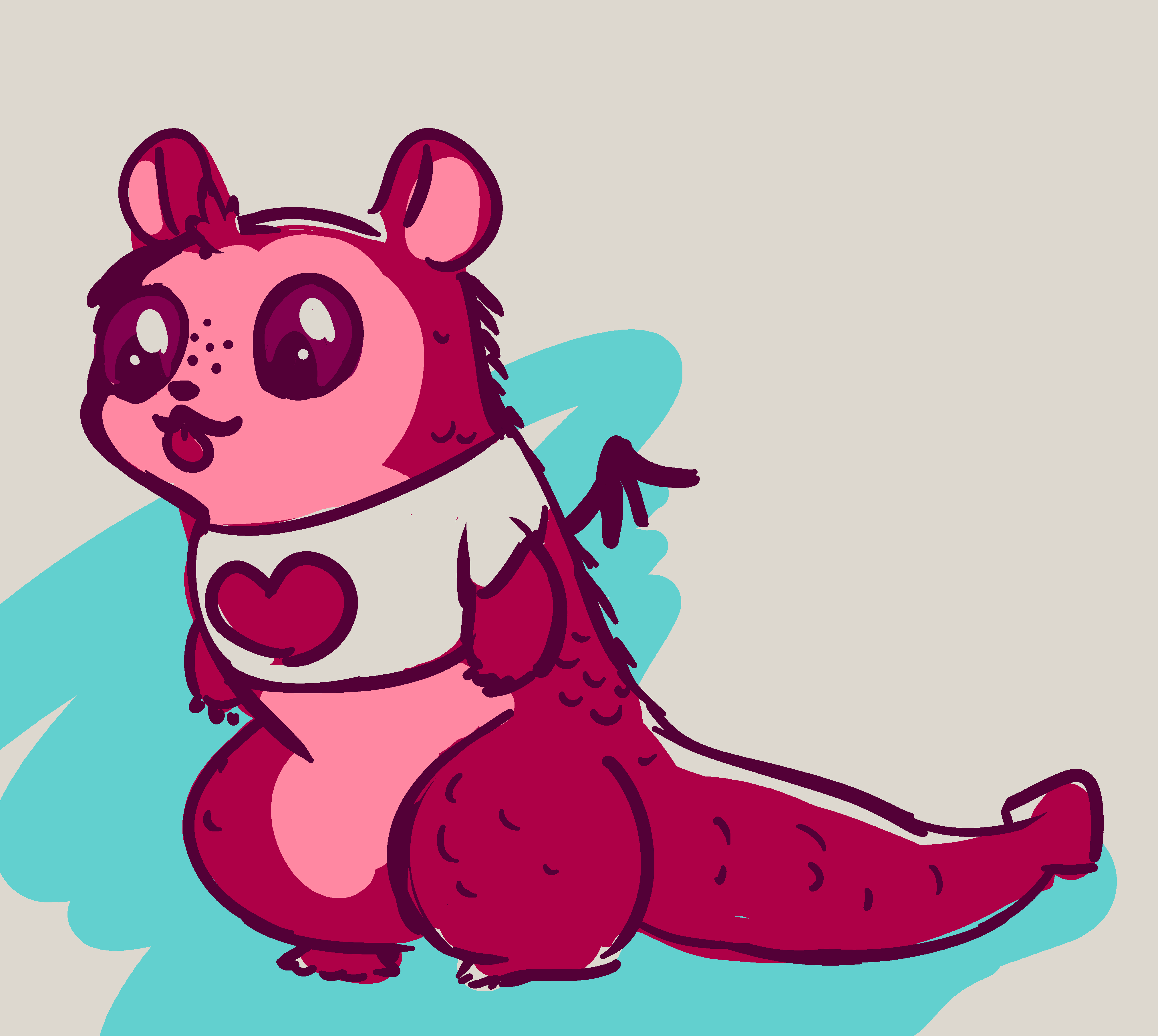 Mabel Licorice, some sort of pink ferret-dragon-bear monster with a pointy tail, funny little wings, big wet eyes, and a shirt with a heart on it.