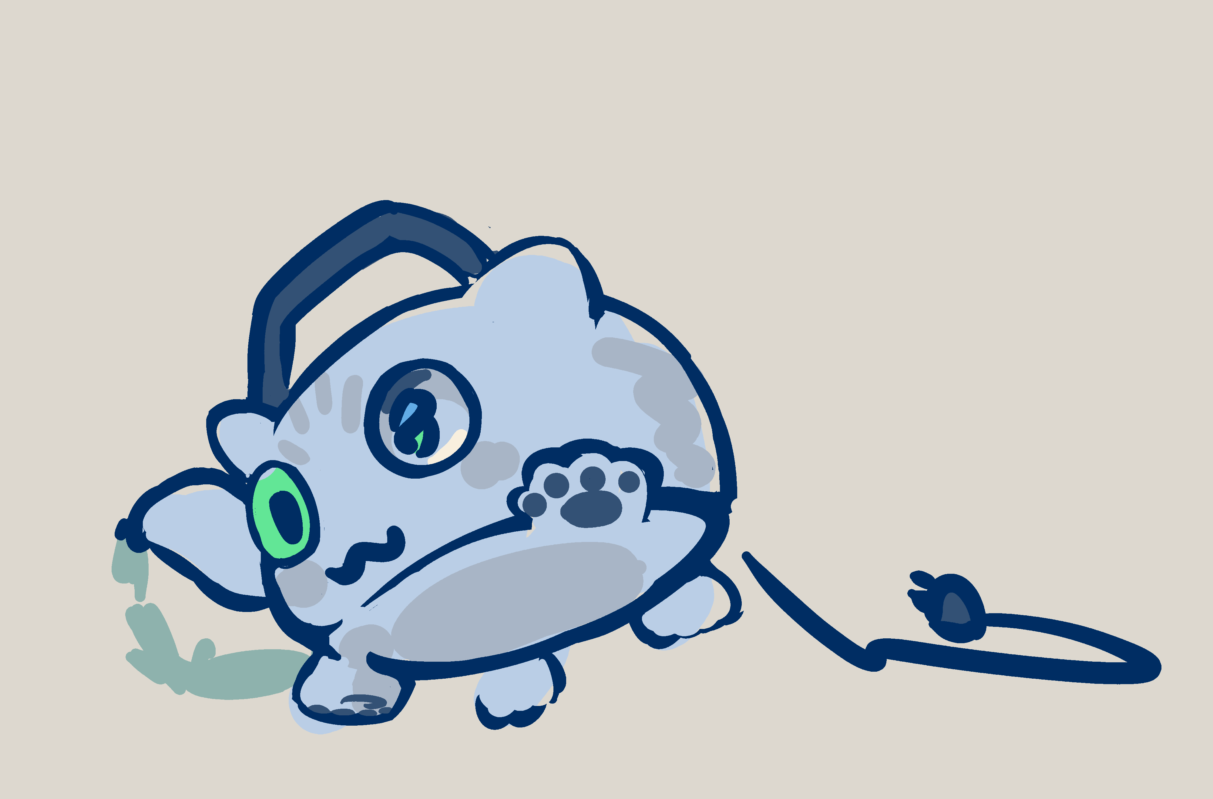 Trinket possessing a kettle.  It has four paws just stuck on the bottom, no legs just feet, and spills its water all over as it waddles.