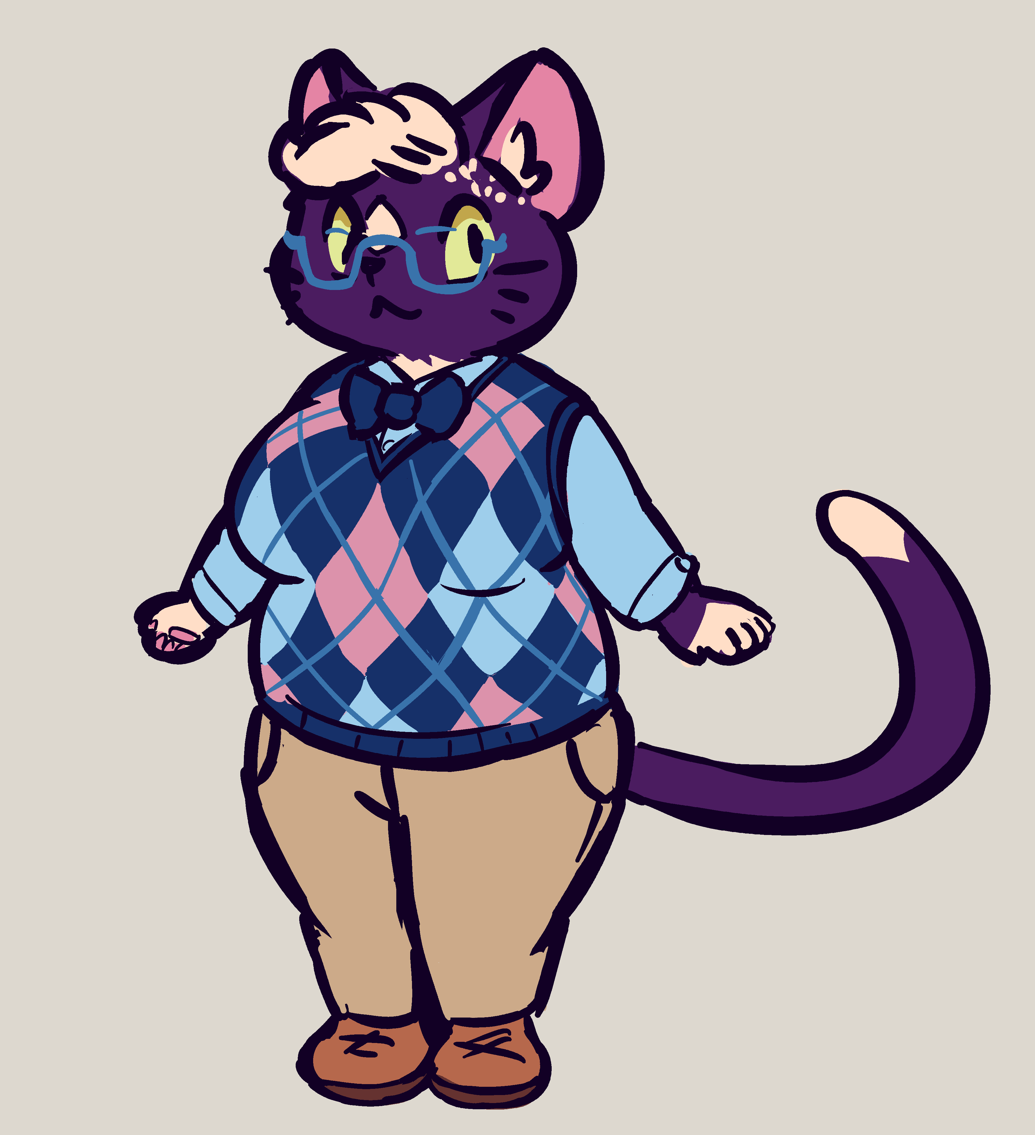 A fat Animal Crossing-esque tuxedo cat with an undercut, wearing squarish bottom-rimmed glasses, khakis, a bowtie, and an argyle sweatervest over a buttondown shirt.