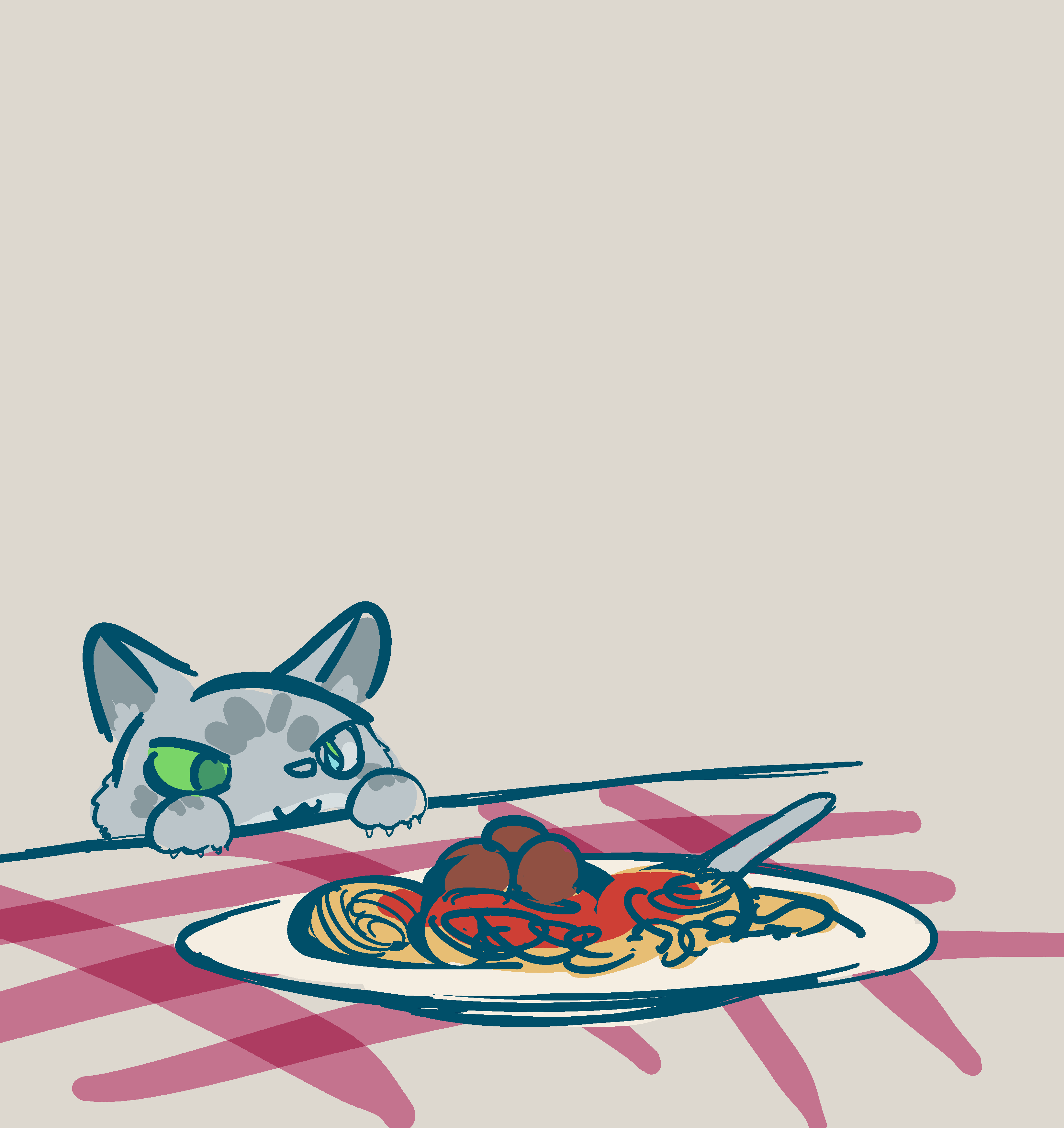 Trinket peeks over the edge of the picnic table and fixes its mischievous gaze on an unguarded plate of spaghetti.