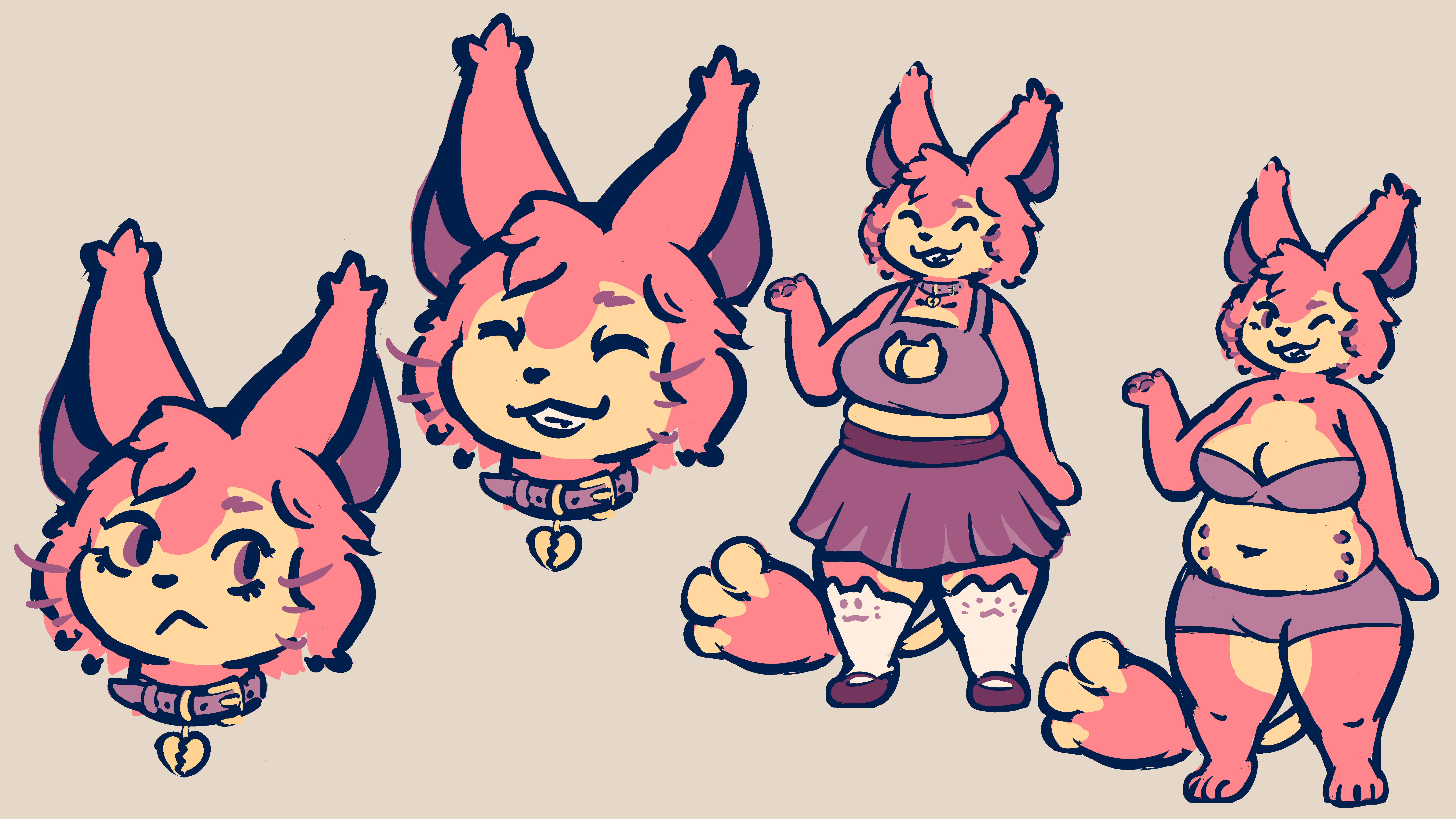 A reference image of a short, fat anthro Skitty girl with short, choppy hair, wearing a collar with a broken heart tag, a crop top with a cat-shaped boob window, a high-waisted skirt, cat face socks, and Mary Jane shoes.  She's smiling with her eyes closed, as Skitty is usually shown, though it looks a little forced; on the side, there's another expression where her eyes are open (though they're basically just dots with eyelashes) and she looks a little unimpressed.  On the other side she's in her underwear and winking; you can see her belly nipples.