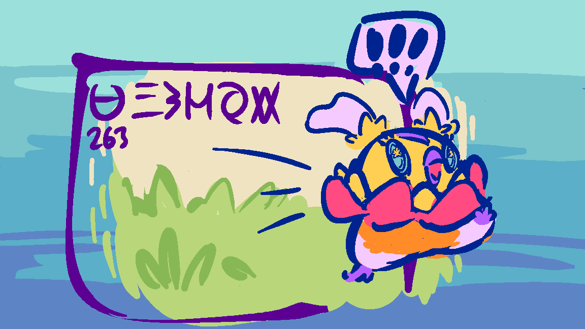 Drawing of a Flittle, a funny little yellow chick with purple and orange markings and a fuchsia frill around its waist, panicking and trying to run out of its own Pokédex entry.