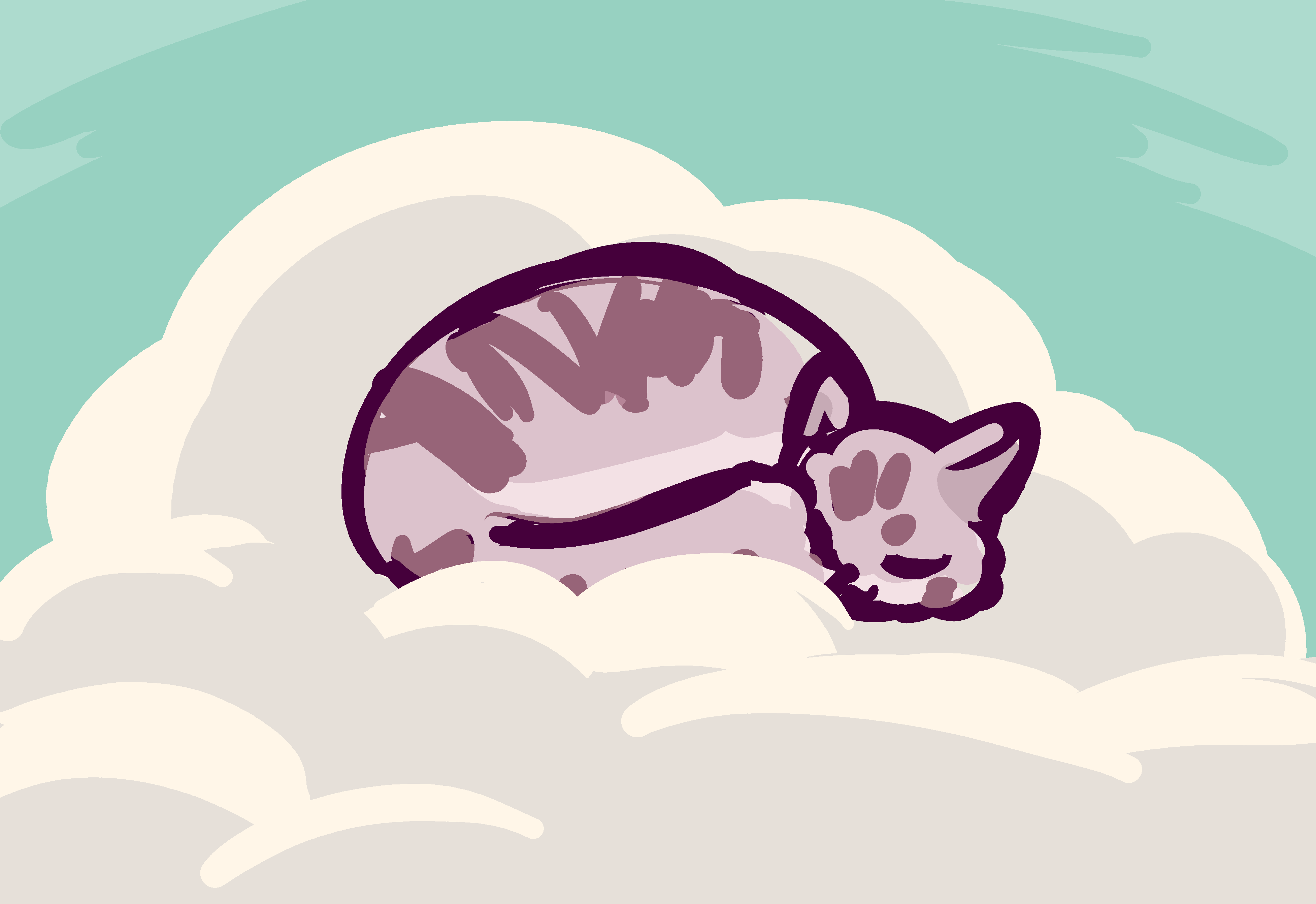 Trinket curled up and napping on a cloud.