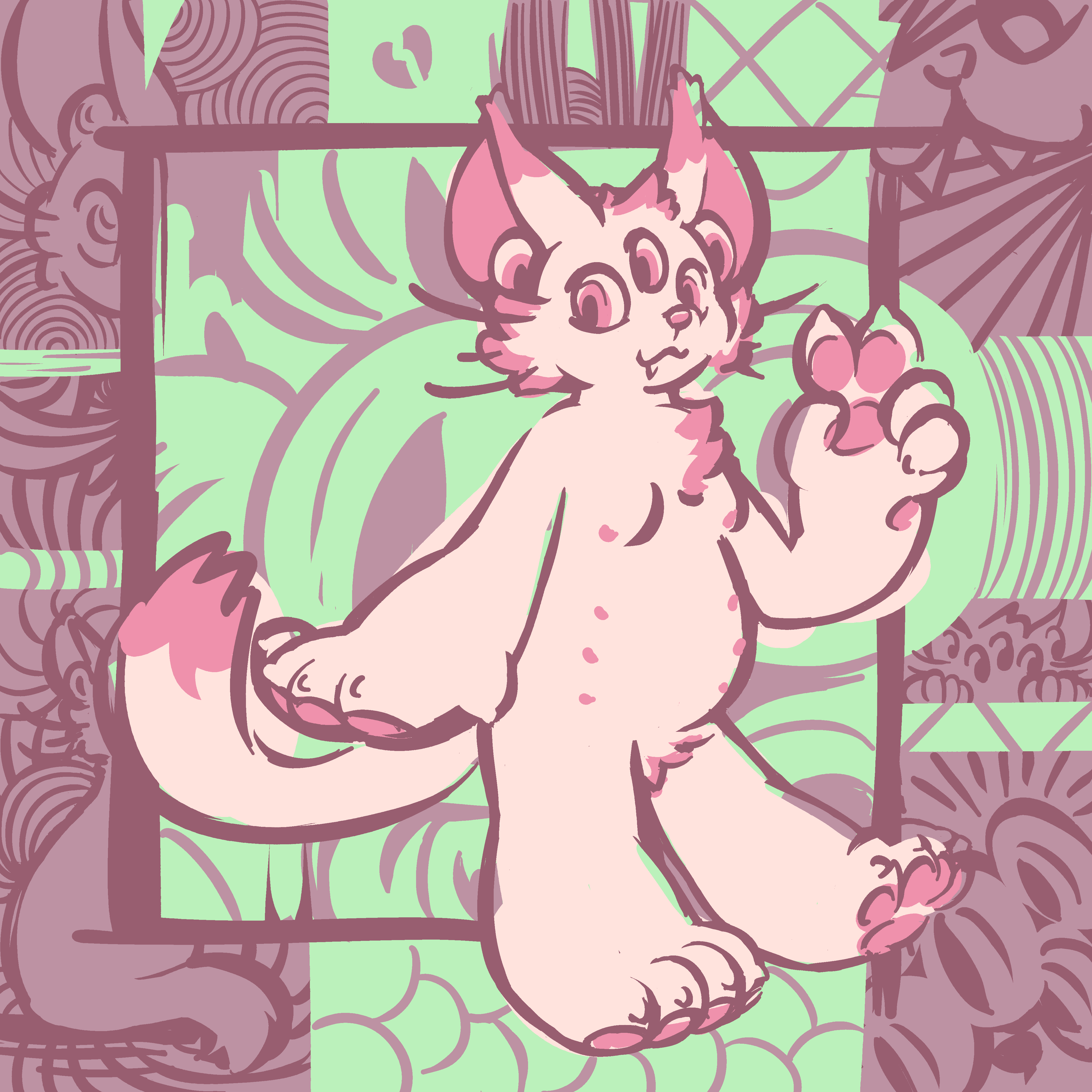Vinnie stands and flashes a peace sign in front of a background of wild eyeball patterns.