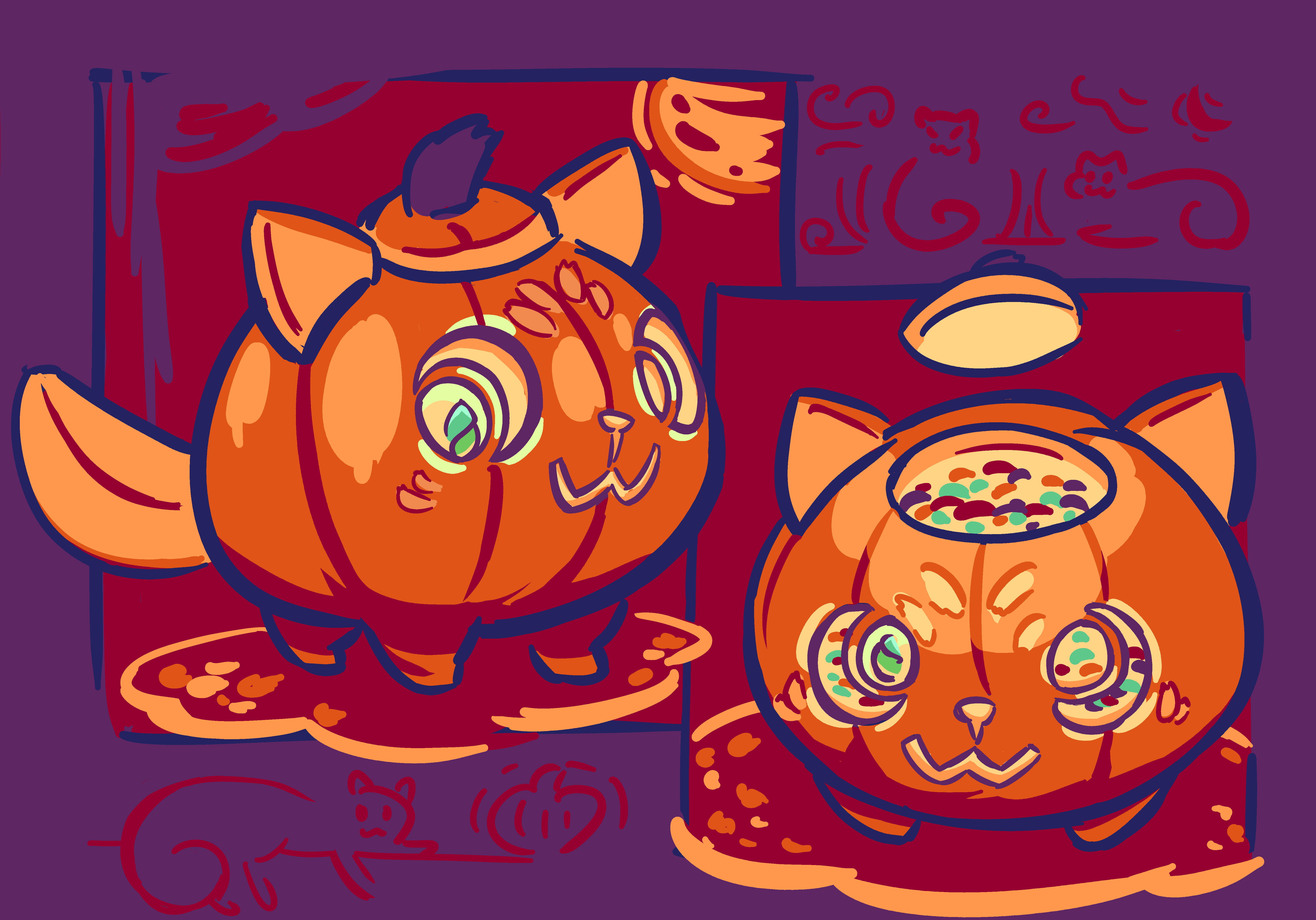 Trinket has possessed a jack-o'-lantern!  It has ears and a tail cut from pumpkin scraps, while its feet are simply four bumps on the pumpkin's underside.  All these features are just stuck on one big round pumpkin body, head and torso as one, so you can only imagine how it might waddle around.  It stands and gives you a cheeky little stare, a warm glow shining through its carved-out face, but hold on: it takes off its cap and there's no candle in there... just candy?